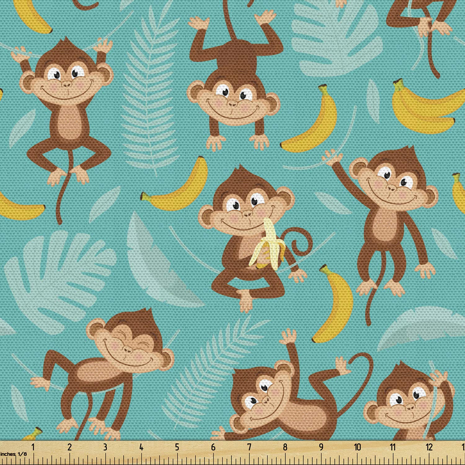 Ambesonne Cartoon Fabric by The Yard - Funny Monkeys on Rainforest Tree Branches with Banana Fruits Pattern | Decorative Upholstery Fabric for Sofa, Curtains & Home Decor | 10 Yards Turquoise & Chocolate | Perfect for DIY Projects, Nursery Decor & Bohemian Style Living Rooms