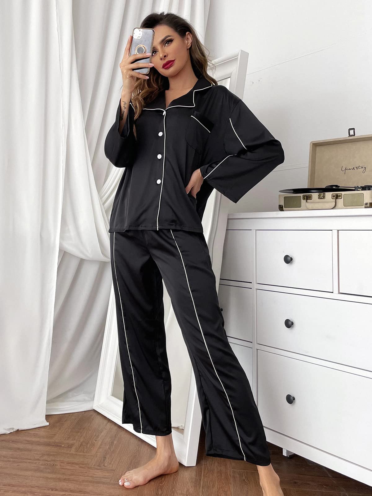 Women's Silk Pajama Set - Long Sleeve Satin Sleepwear for Lounge & Sleep