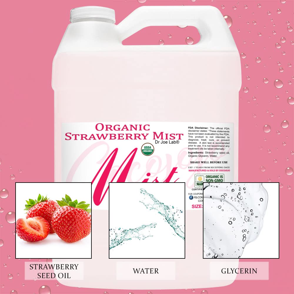USDA Organic Strawberry Mist for Skincare - Hydrating Face & Body Spray for Sensitive & Dry Skin - Relaxing Pillow Mist with Pure Strawberry Essential Oil - 128 oz / 1 Gallon - Perfect for Bedtime, Spa Days & Travel Self-Care