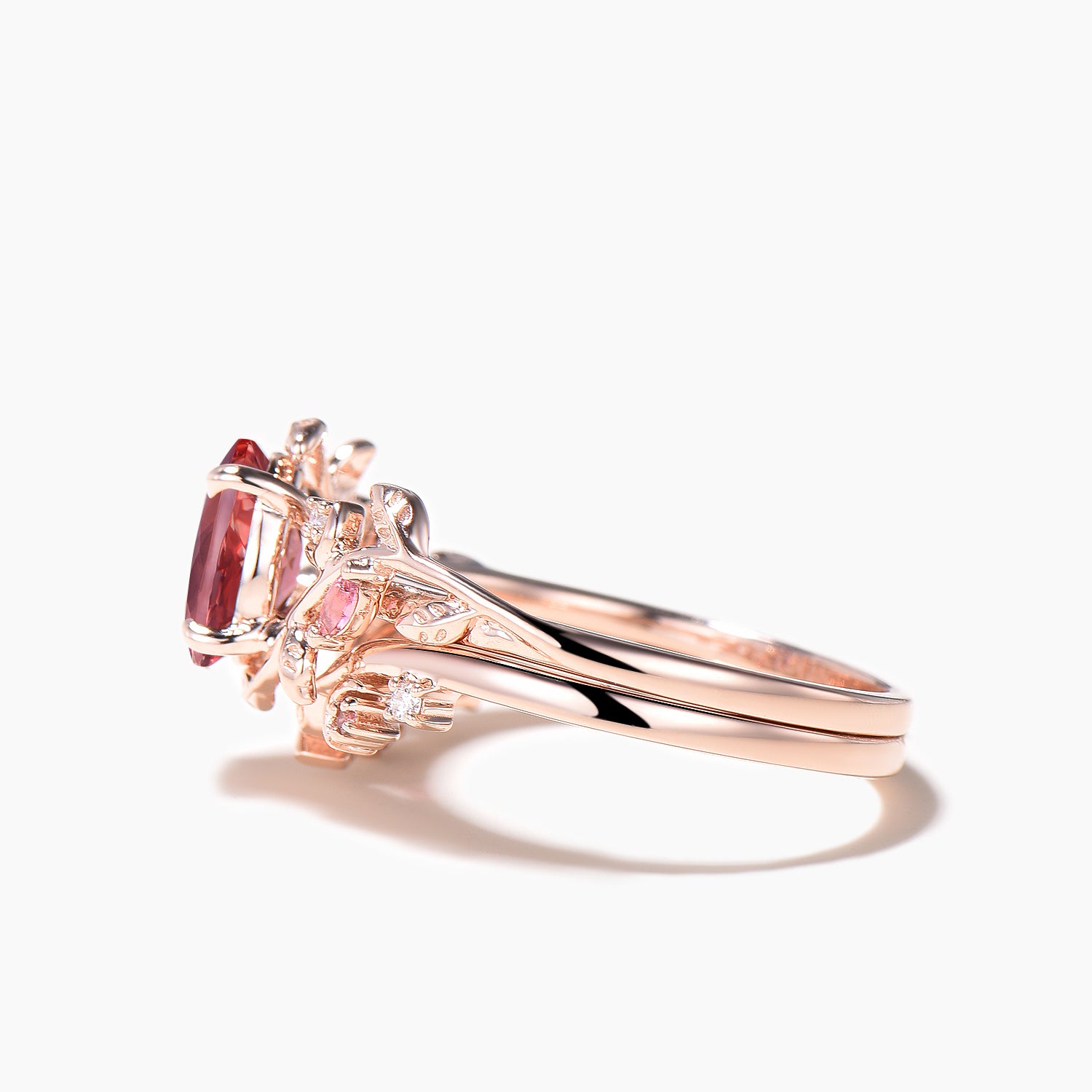 Natural Pink Tourmaline & Diamond Wedding Ring Set - Oval Cut Nature Inspired Leaf Moon Bridal Jewelry for Engagement, Anniversary & Special Occasions