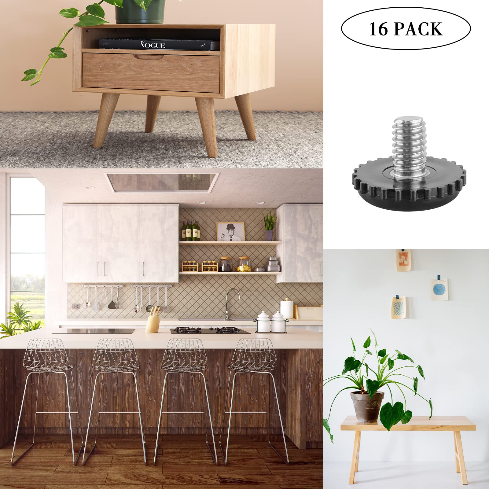 16 Pack Stainless Steel Adjustable Furniture Leveling Feet 5/16-18 Threaded Screw - Perfect for Chairs, Tables, Cabinets & Patio Furniture - Heavy Duty Glides for Stability on Uneven Floors
