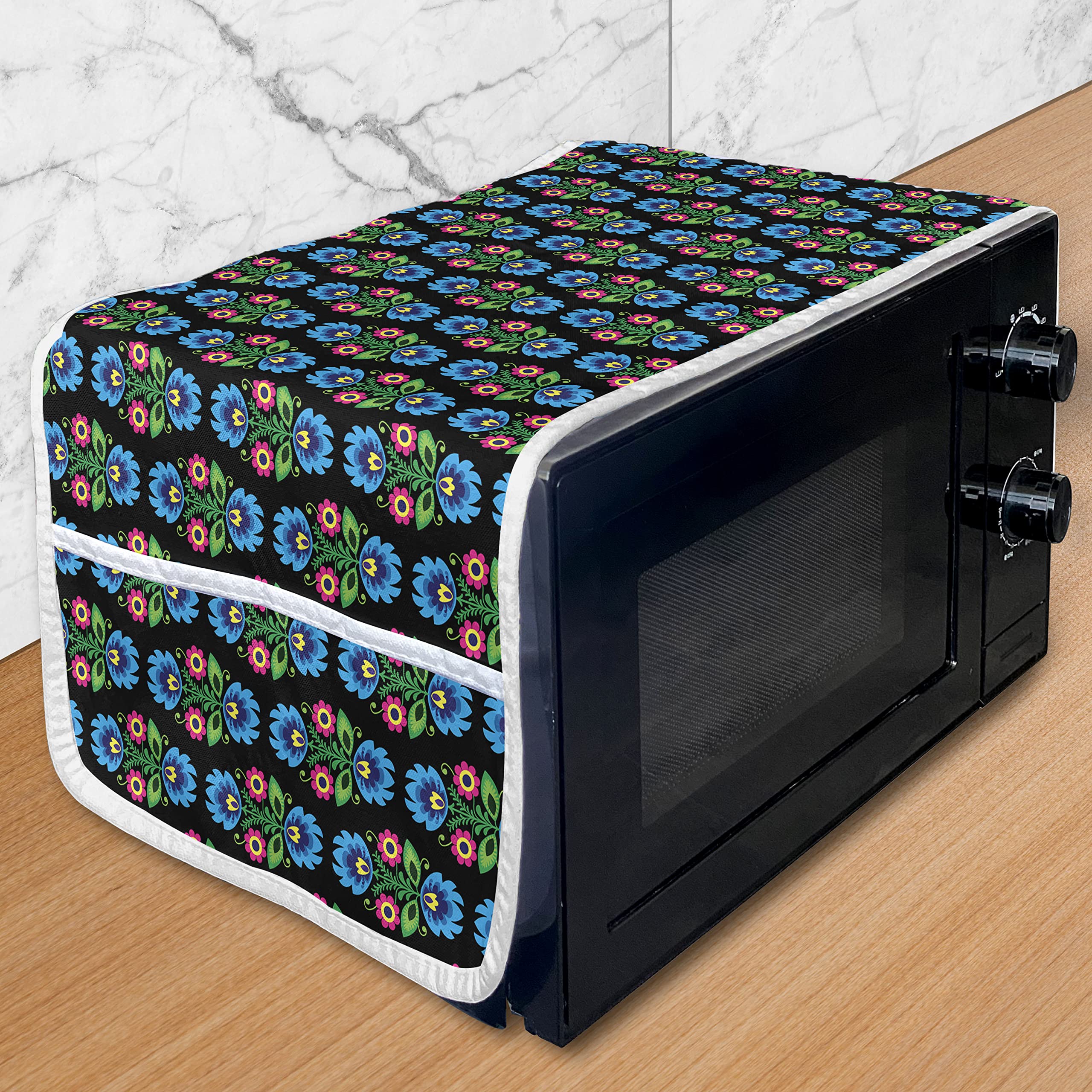Ambesonne Folk Art Microwave Cover - Traditional Polish Floral Design on Dark Background, Waterproof Kitchen Organizer with Pockets, 36 x 12 Inches, Black & Blue - Perfect for Protecting Appliances & Adding Cultural Decor to Your Home