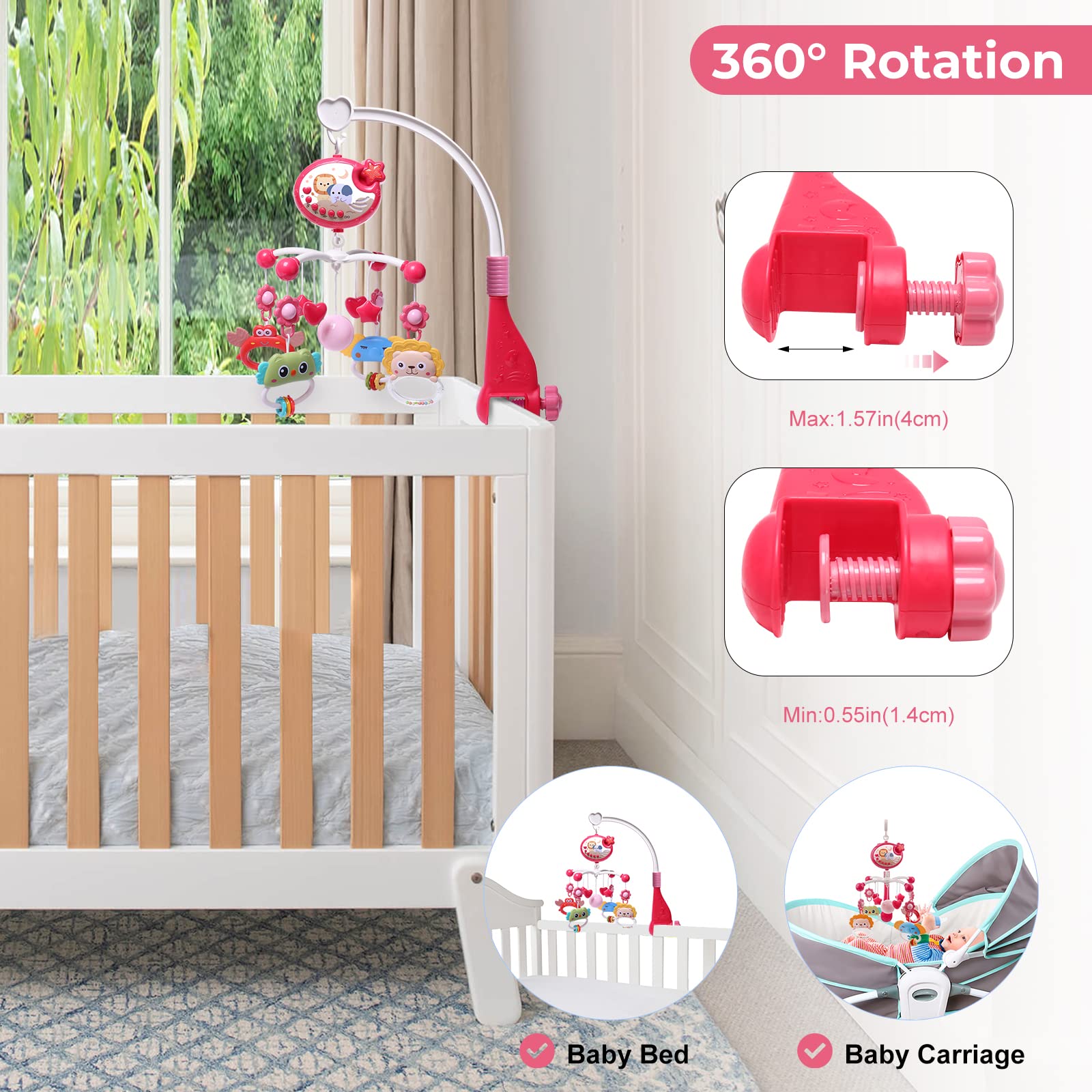 Baby Crib Mobile with Music, Lights & Hanging Toys - Portable Musical Carousel for Pack 'n Play, Bassinet - Gender Neutral Nursery Decor (Red) | Perfect for Soothing Newborns & Bedtime Routines