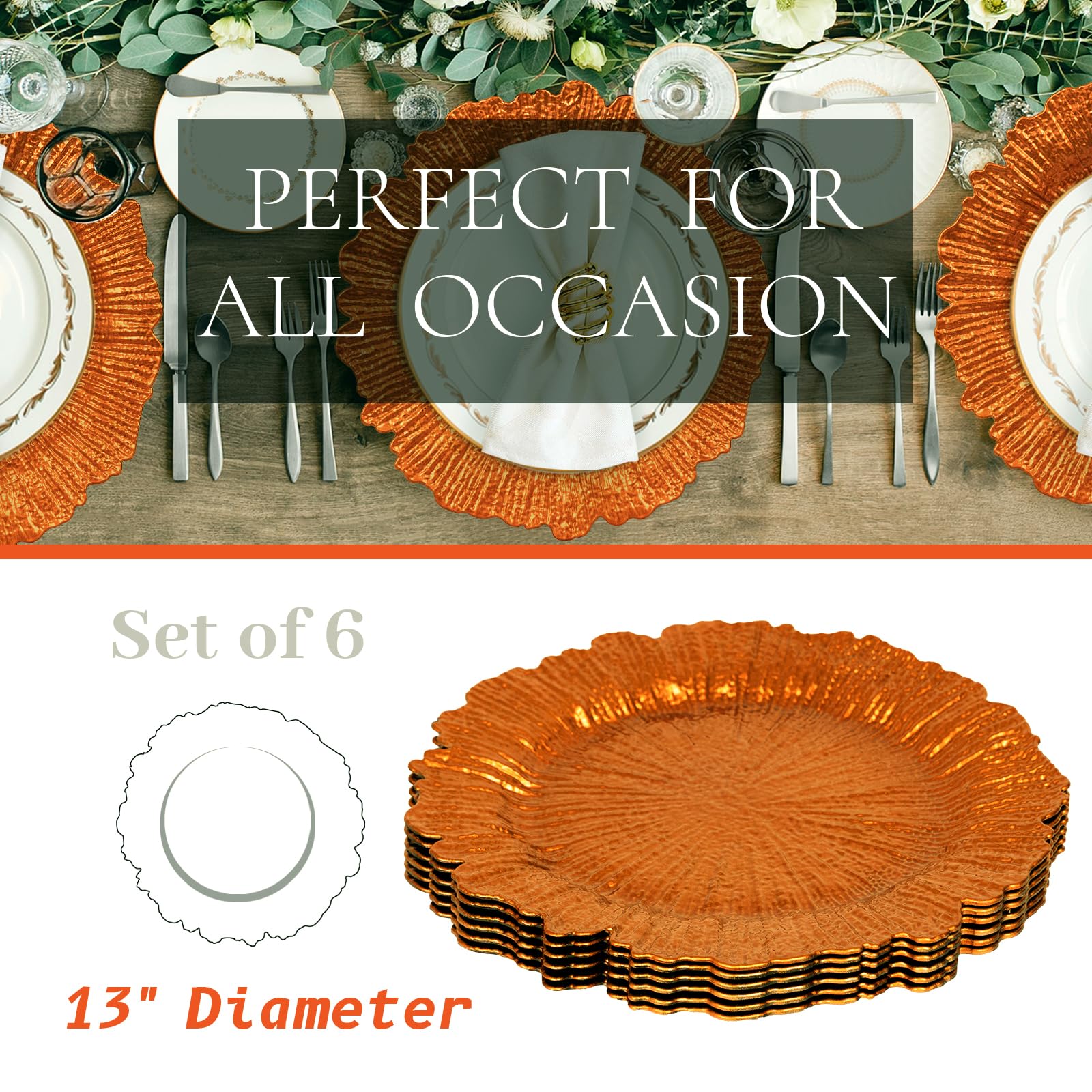MAONAME 13-inch Orange Plastic Charger Plates - Set of 6, Elegant Dinner Plate Chargers for Wedding Decor, Party Table Setting & Holiday Dining