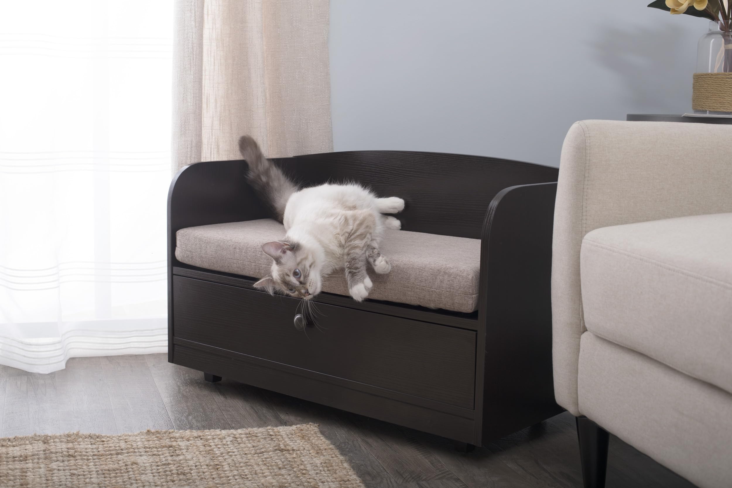 Premium Paws & Purrs Pet Bed with Storage Drawer - Soft Washable Dog & Cat Bed in Espresso/Sand - Perfect for Living Room, Bedroom & Pet-Friendly Spaces
