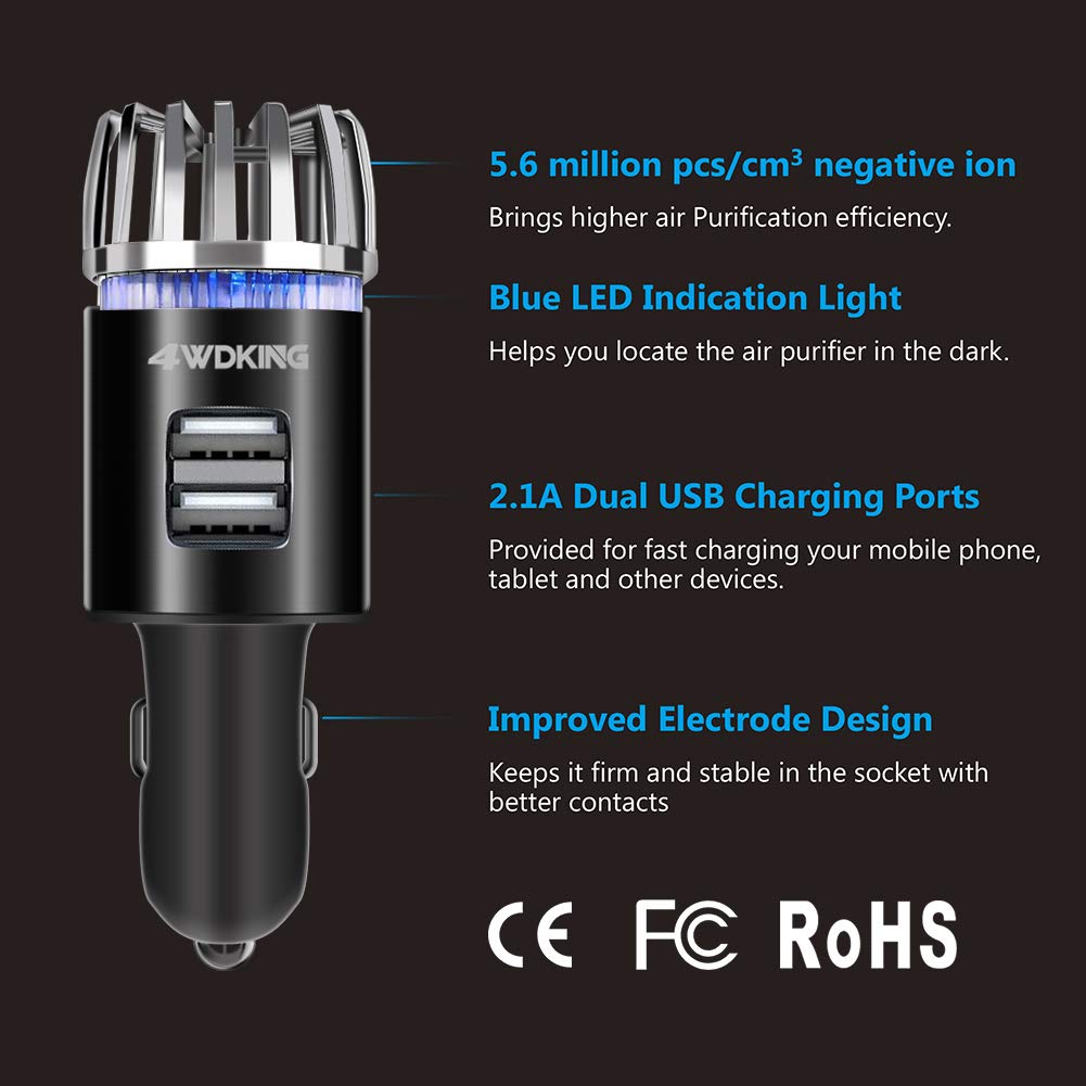 4WDKING Car Air Purifier Ionizer with Dual USB Charger - 12V Plug-in Air Freshener Eliminates Smoke, Pet & Food Odors - Ionic Ozone Technology (Black) | Perfect for Cars, Trucks & RVs to Keep Air Fresh & Clean