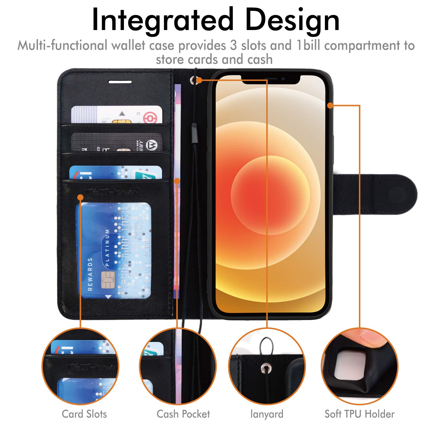 TECHGEAR iPhone 12 / 12 Pro Leather Wallet Case - Premium PU Leather Flip Cover with Magnetic Closure, Card Holder, Stand & Wrist Strap | Protective Phone Case for iPhone 12/12 Pro 6.1