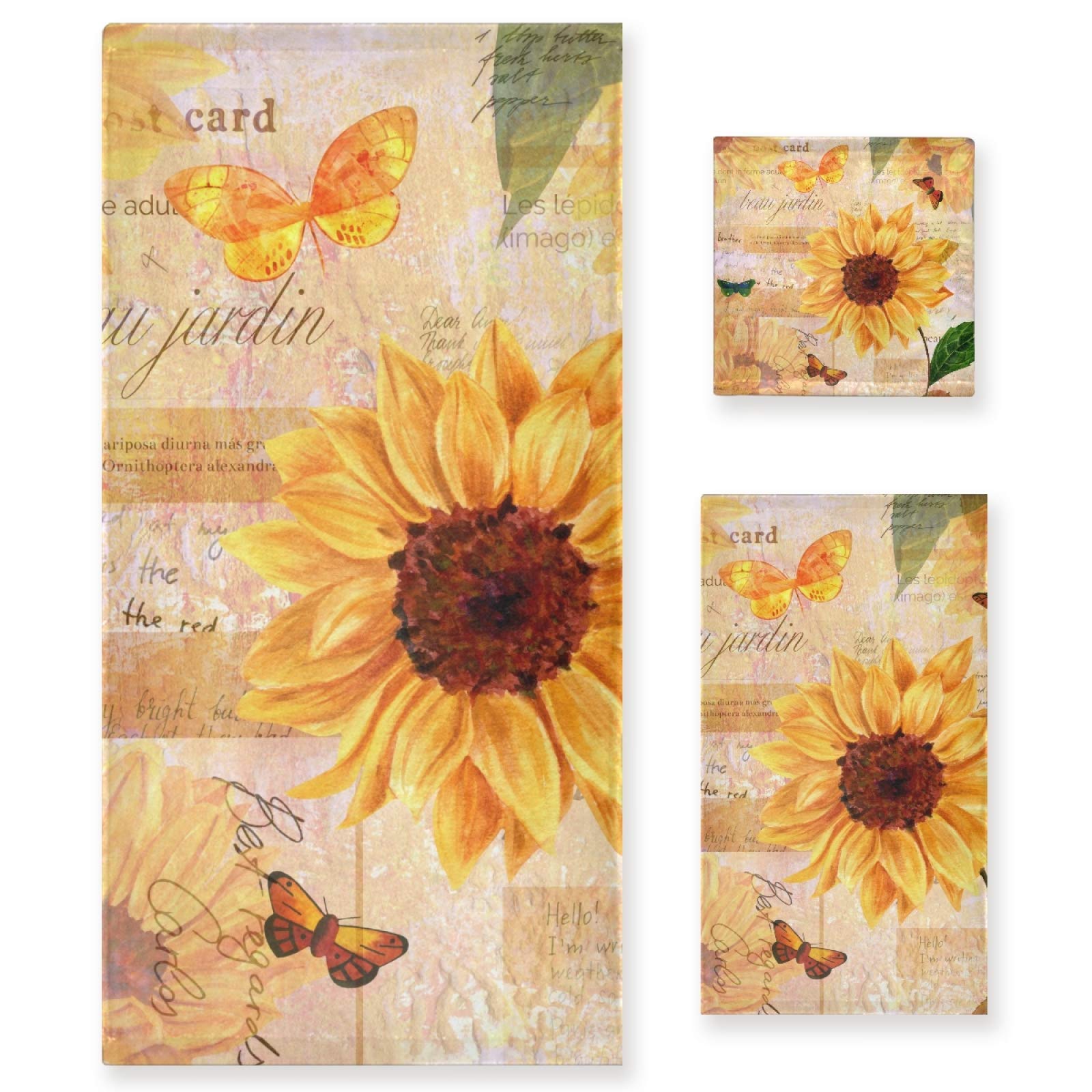 ALAZA Sunflower & Butterfly Bathroom Towel Set - 1 Bath Towel, 1 Hand Towel, 1 Washcloth | Soft, Highly Absorbent Decorative Towels for Kitchen, Beach, Gym & Spa | Vintage Floral Design for Bath, Pool & Home Decor