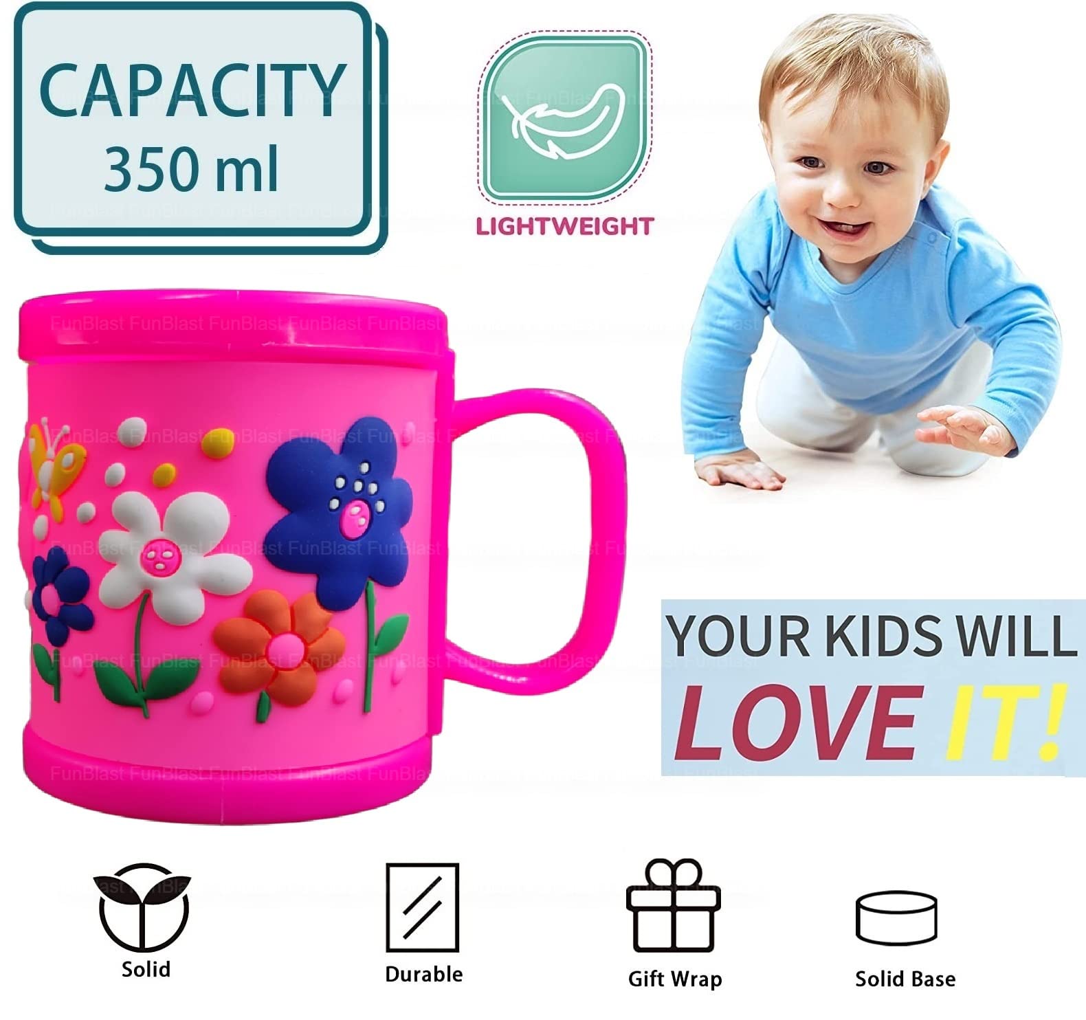 FunBlast Kids Milk Mug with Cartoon Flower Design - 350ML BPA-Free Plastic Drinking Cup for Girls & Boys - Perfect Birthday Gift, Party Favors & Daily Use at Home or School (Pink)
