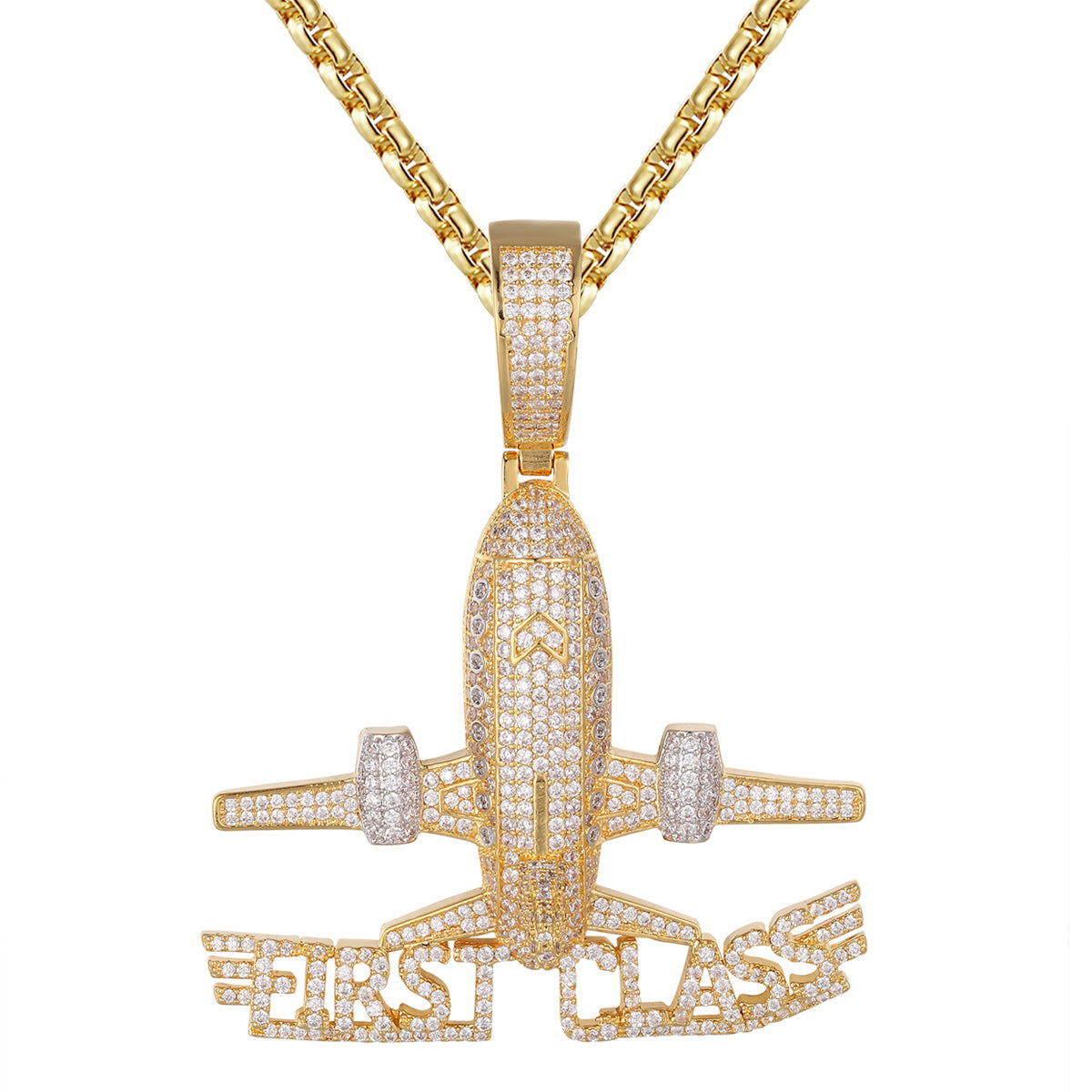 Gold Tone First Class Airplane Pendant - .925 Sterling Silver Bling Necklace for Men | Luxury CEO Jewelry Gift for Aviation Enthusiasts | Perfect for Business Travel, Executive Gifts & Fashion Accessories