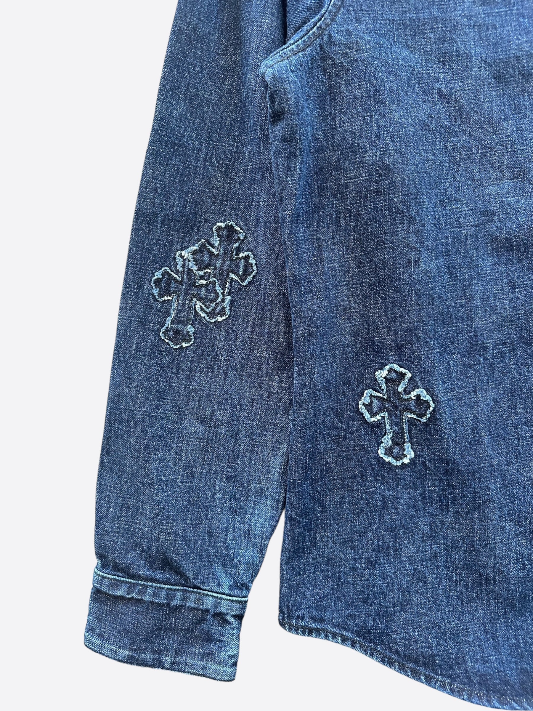 Chrome Hearts Blue Embroidered Cross Patch Denim Shirt for Men - Vintage Distressed Designer Long Sleeve Shirt for Casual Wear & Street Style Fashion