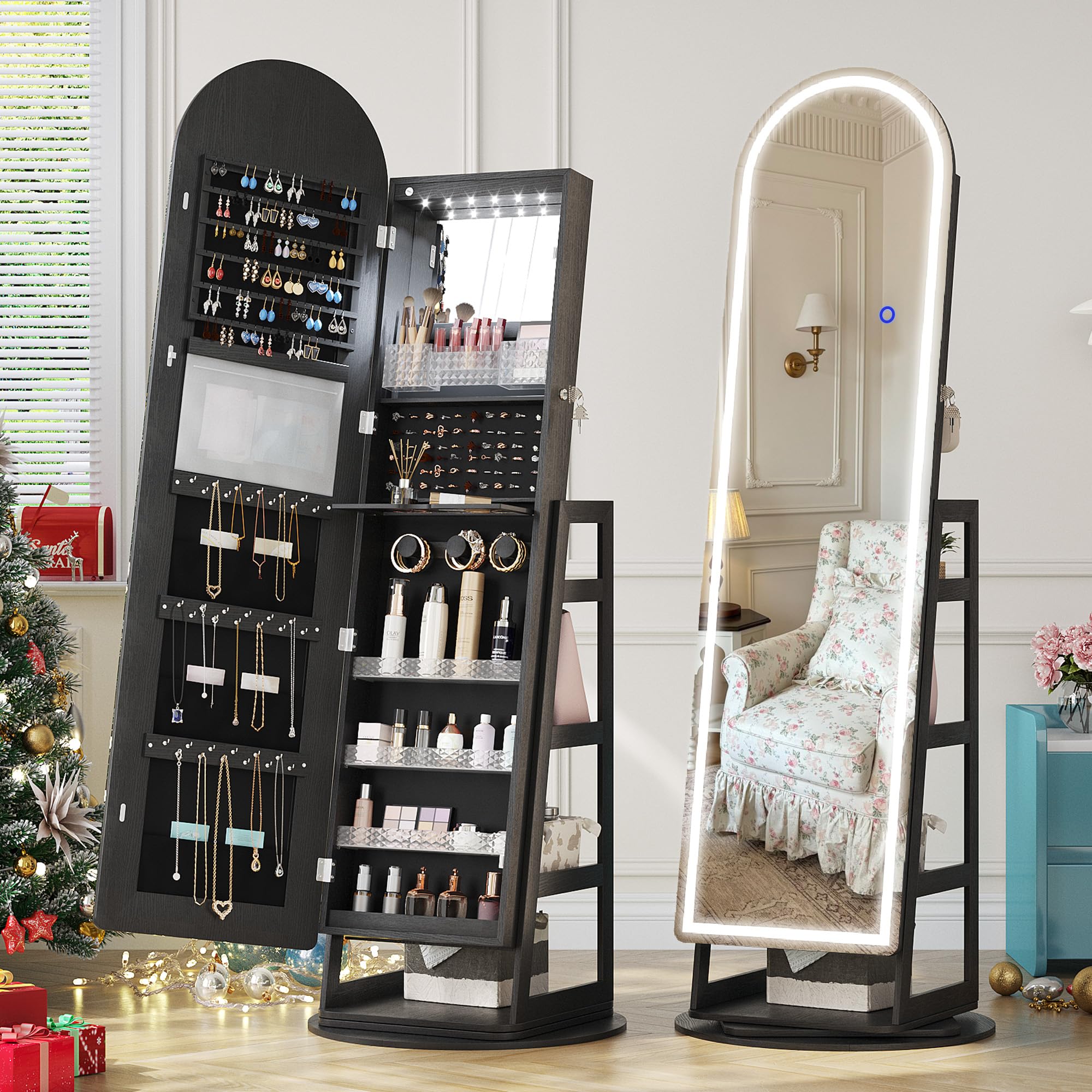 LVSOMT LED Mirror Jewelry Cabinet - Lockable Standing Jewelry Armoire with Full-Length Mirror & Adjustable Lights, Space-Saving Organizer for Bedroom, Closet or Dressing Room (Black)