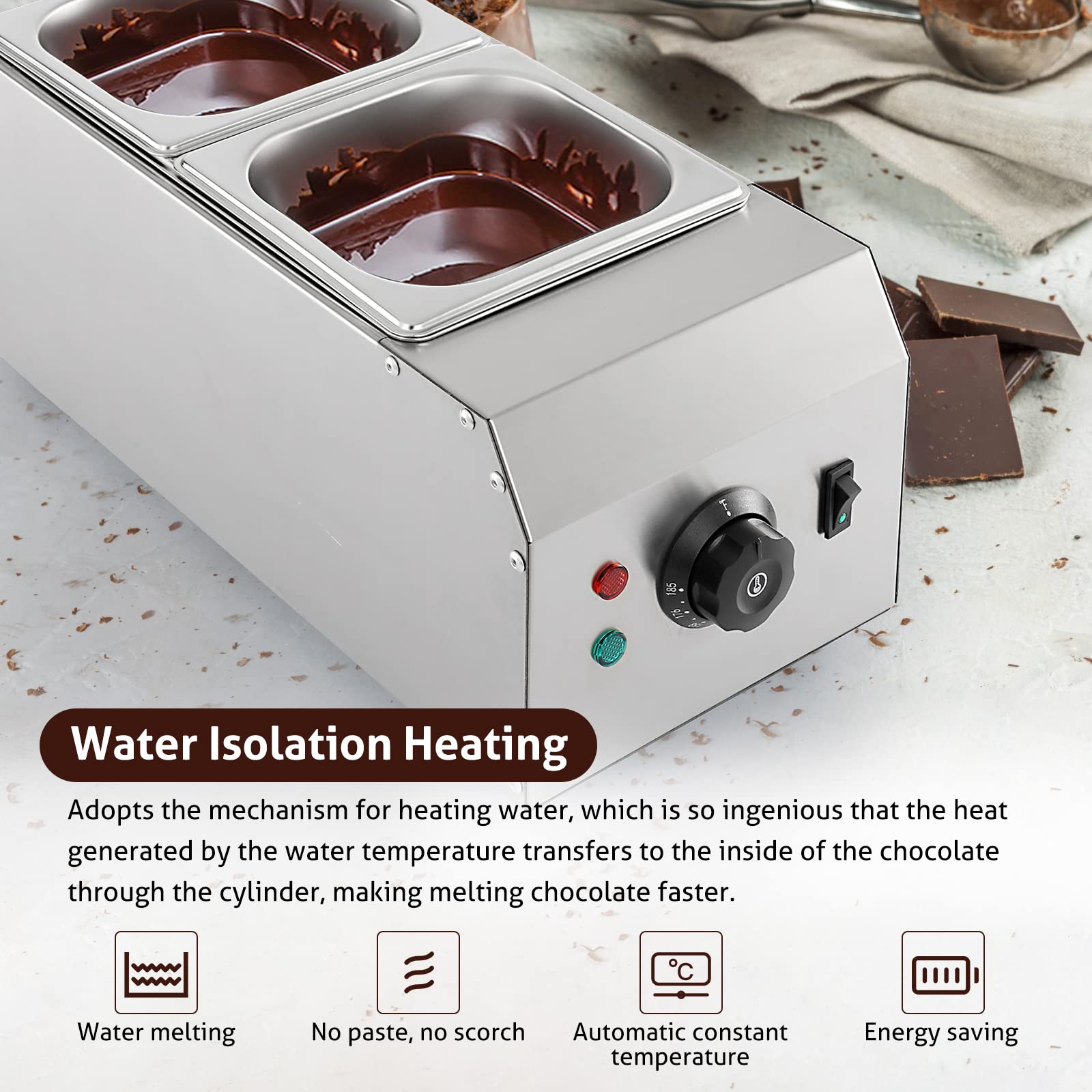 Commercial Chocolate Melting Pot - 2 Tanks 9lbs Stainless Steel Chocolate Tempering Machine for Home, Bakery & Candy Making - Perfect for Melting, Dipping & Molding Chocolate Treats