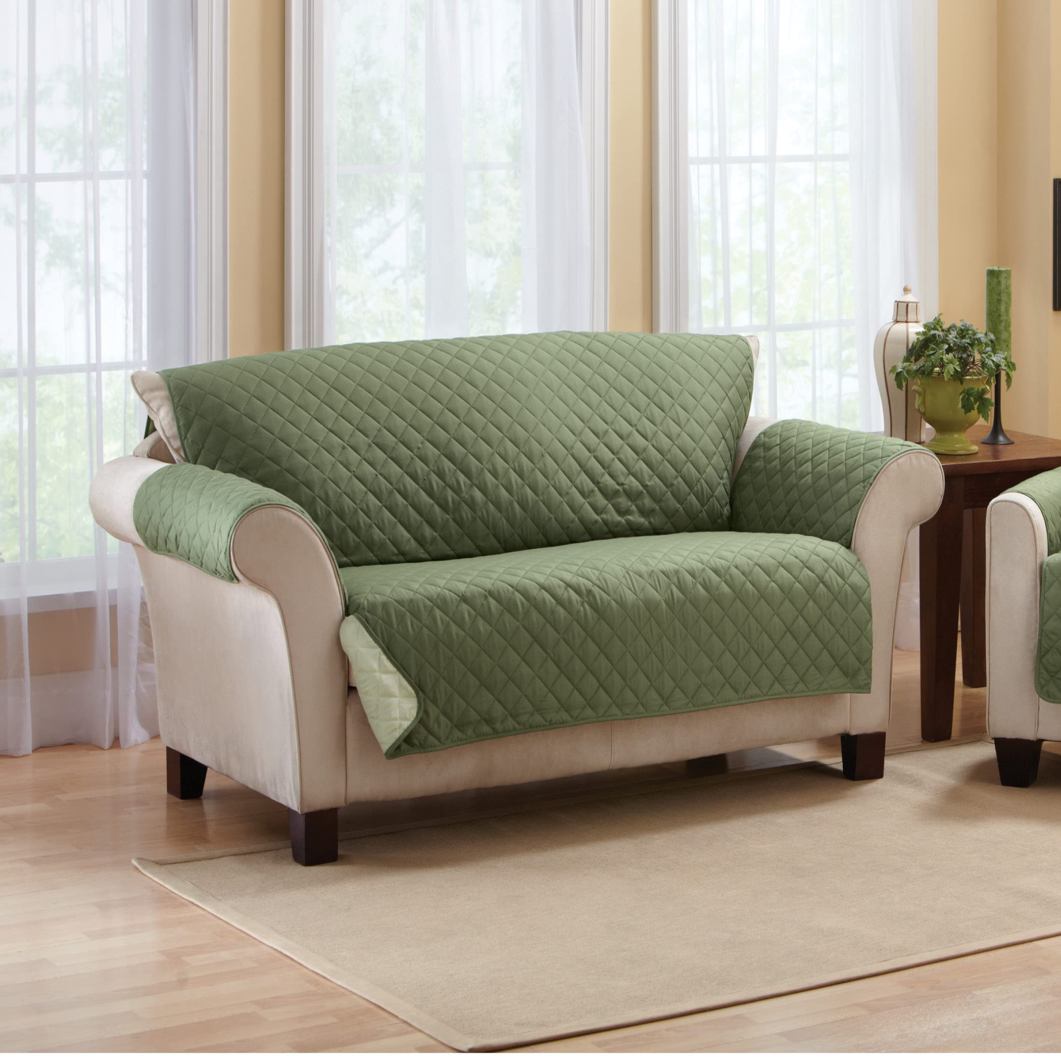 Reversible Quilted Furniture Protector Cover for Loveseat - Olive/Sage | Collections Etc | Waterproof & Anti-Slip Sofa Protector | Perfect for Pets, Kids & Home Decor