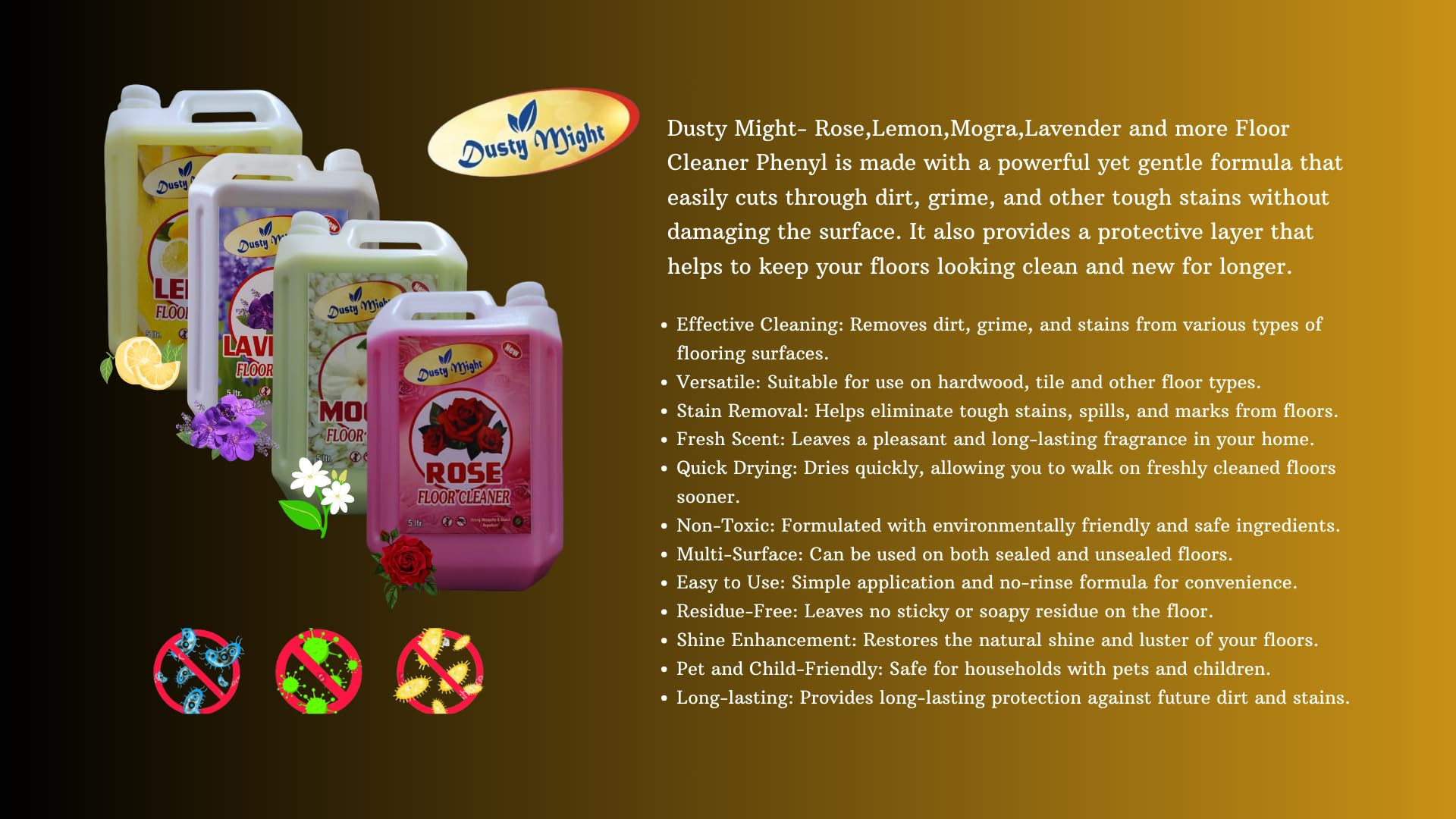 Dusty Might - Floor Cleaner & Disinfectant Phenyl Liquid (1L Pack of 2 - Rose & Lavender) | Multi-Surface Cleaner for Home, Kitchen & Bathroom | Kills Germs & Leaves Fresh Scent | Ideal for Hardwood, Tile & Vinyl Floors