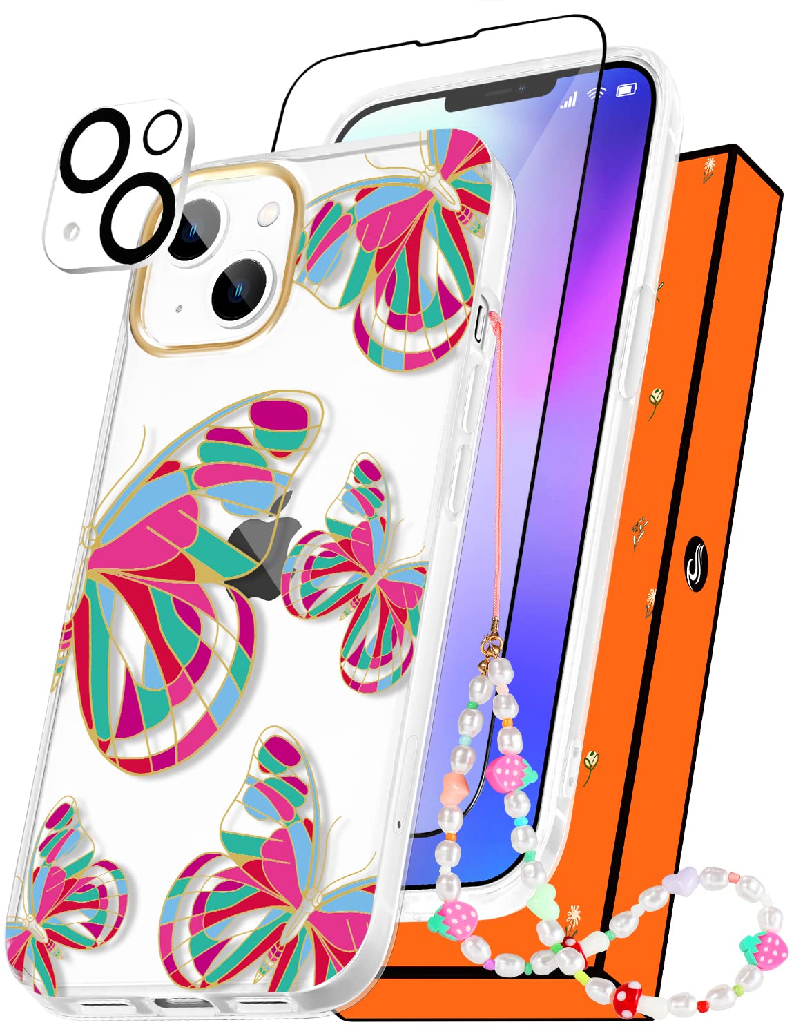 4-in-1 Cute Aesthetic Butterfly Phone Case for iPhone 13 (6.1 inch) - Clear Girly Designer Case with Camera Cover, Screen Protector & Chain - Trendy Protective Cover for Women & Girls - Perfect for Daily Use, Parties & Travel