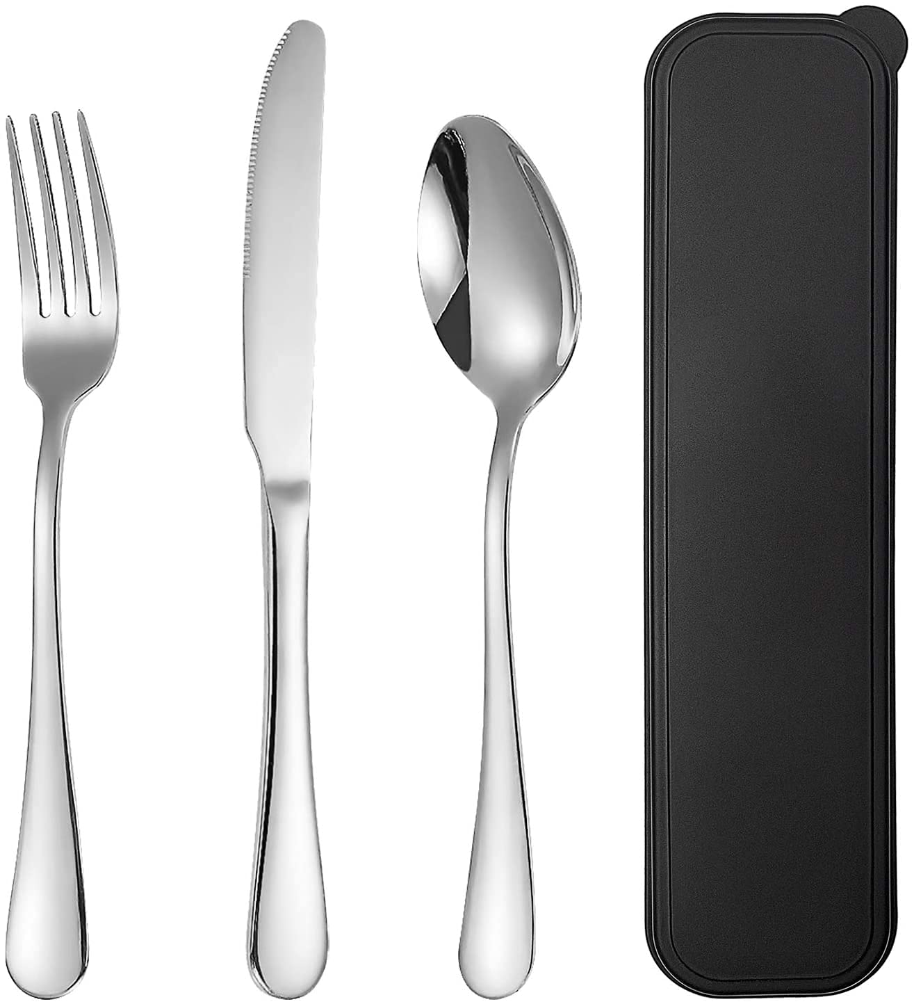 Portable Stainless Steel Utensil Set - 3-Piece Travel Flatware (Knife, Fork, Spoon) with Case | Reusable Camping & Office Silverware | Perfect for Lunch Box, Picnics, Hiking & Outdoor Adventures (Silver)
