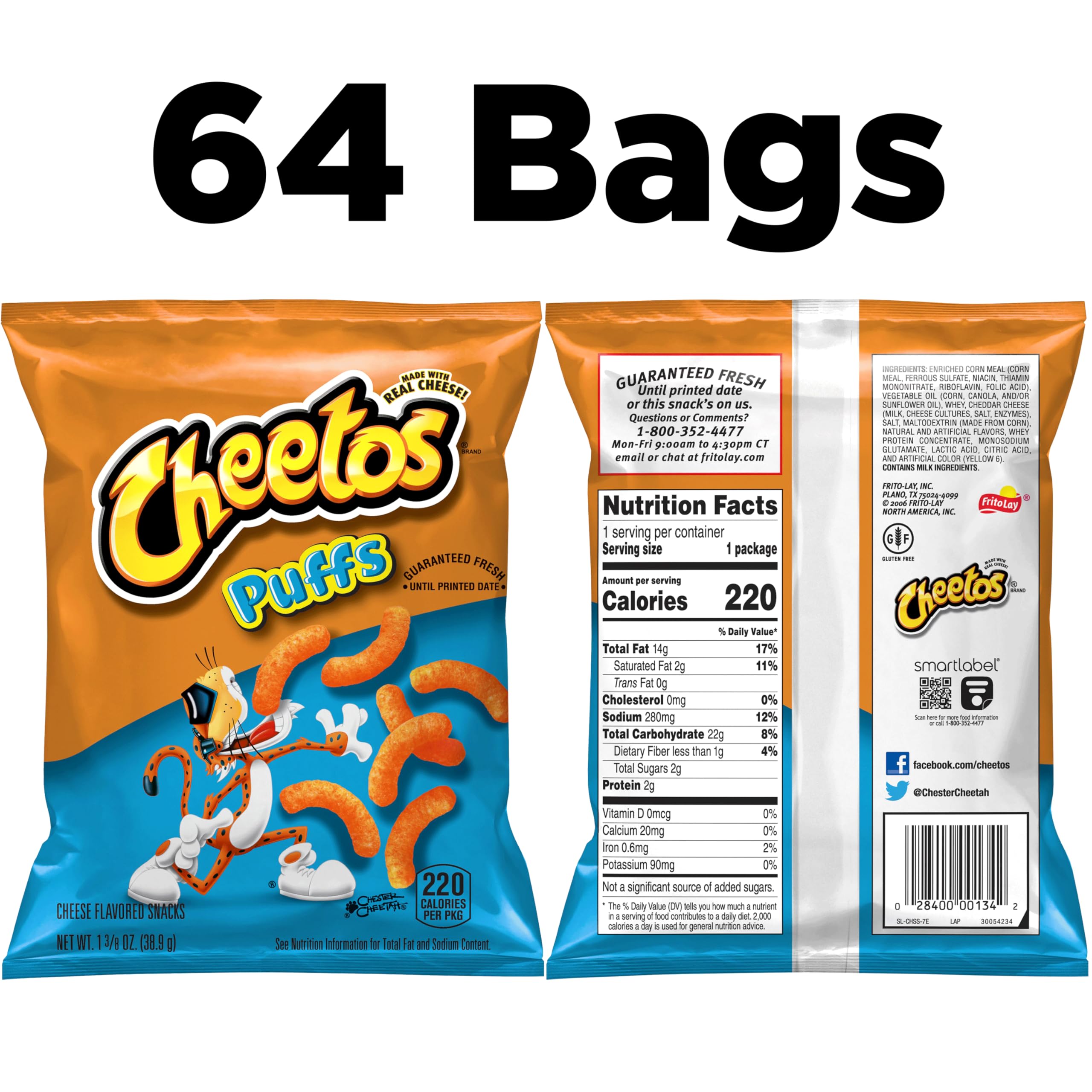 Crunchy Cheetos Cheese Flavored Puffs Snacks - 1.375oz (64 Pack) | Bulk Cheese Puffs for Parties, School Lunches & Movie Nights