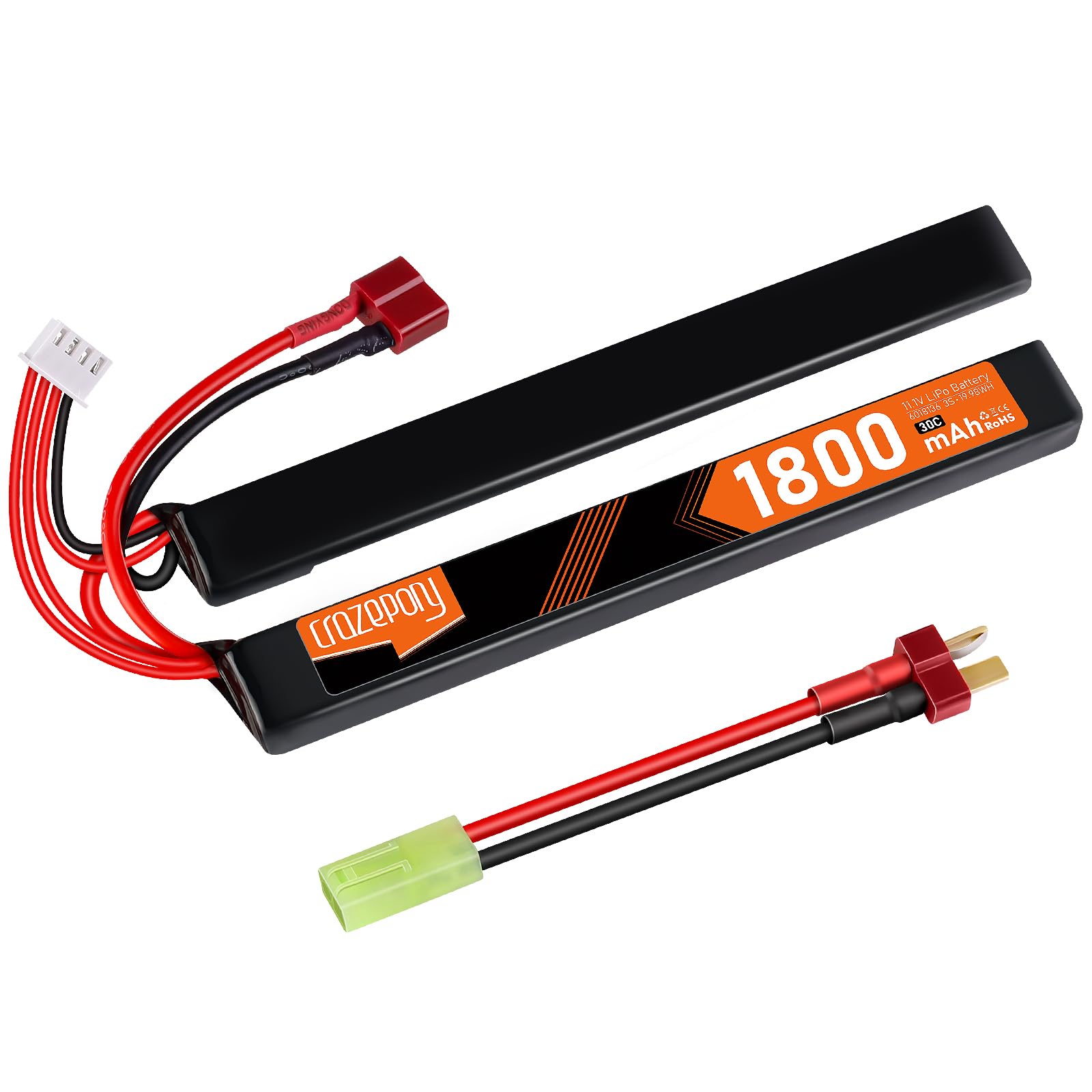 Crazepony 11.1V 1800mAh 3S LiPo Battery with Deans T Plug to Mini Tamiya Adapter Cable - Perfect for RC Cars, Drones, and Remote Control Vehicles