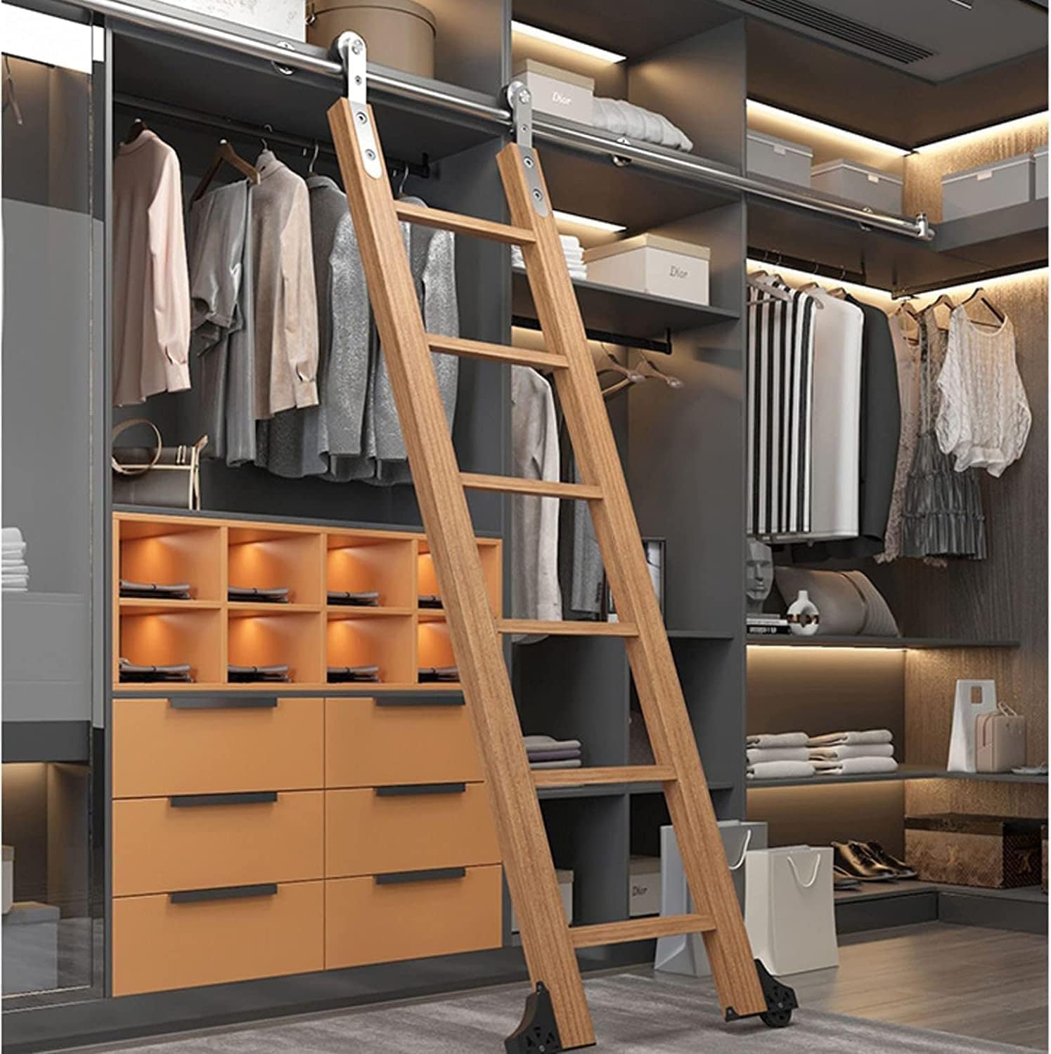 Stainless Steel Sliding Library Hardware Rolling Track Kit (No Ladder Needed) + Extension Rail, 3.3ft-20ft Adjustable Length, Complete Round Tube Rail System for Bookshelf Organization and Space Saving Storage