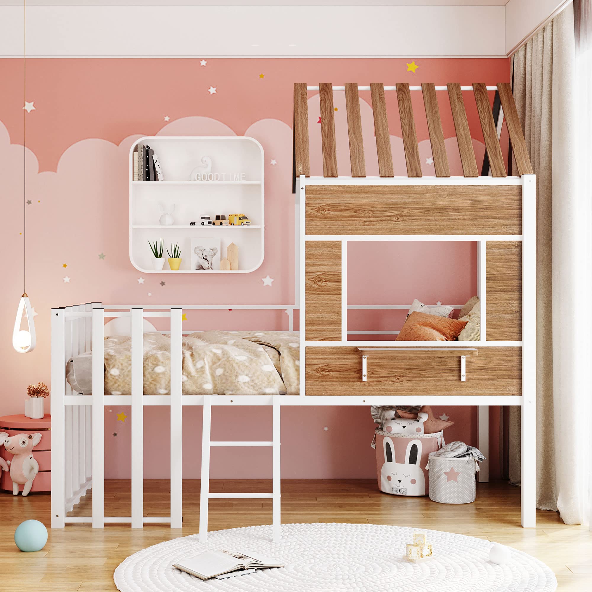 **Merax Twin Size Metal Loft Bed for Kids - Sturdy Low Loft Bed Frame with Roof, Window, Guardrail & Ladder - Perfect for Small Bedrooms, Playrooms & Dorm Rooms**