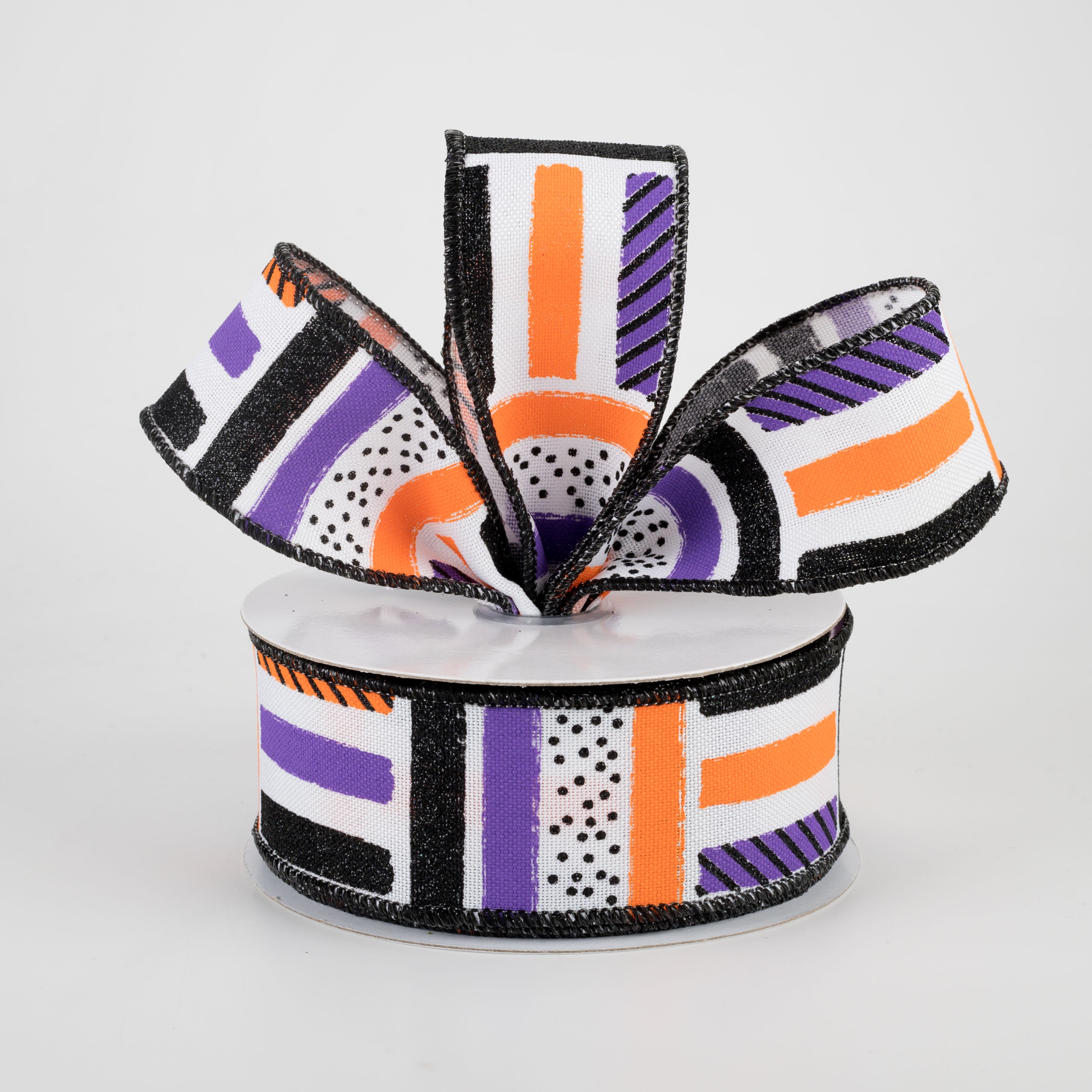 1.5 Inch Brush Stroke Stripes and Dots Ribbon - White, Black, Orange, Purple (10 Yards) - Perfect for Gift Wrapping, Scrapbooking, and DIY Crafts