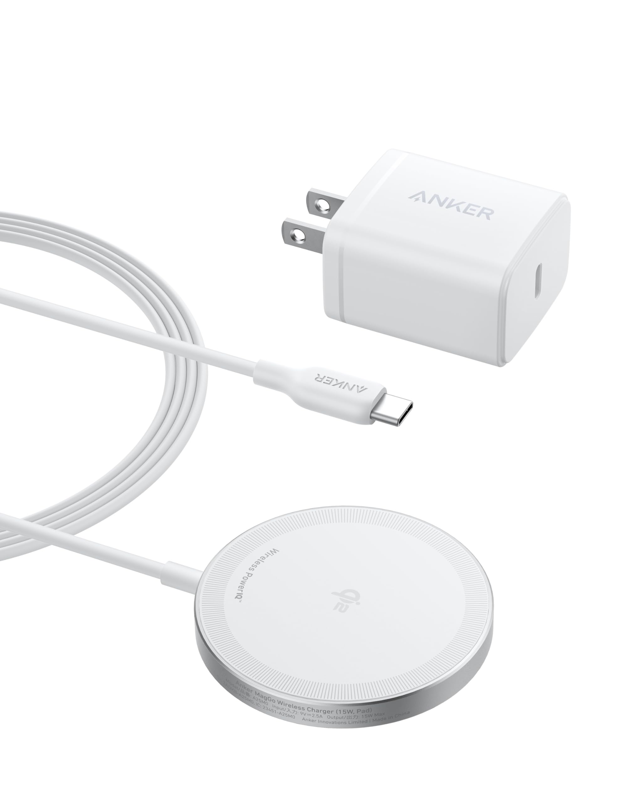 Anker MagGo Qi2 Certified 15W Wireless Charging Pad - MagSafe Compatible for iPhone 16/15/14/13/12 Series (Includes USB-C Charger, White) | Fast Wireless Charger for Home, Office & Travel