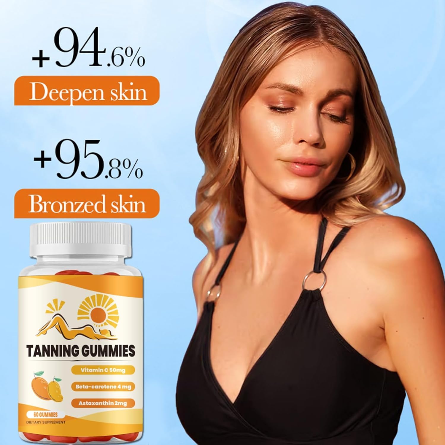 2025 New Bronze Bites Tanning Gummies - Sunless Tanning Supplement with Astaxanthin 24mg | Daily Self-Tanner Gummies for Women | Non-GMO, 60 Count | Perfect for Beach, Vacation & Natural Glow