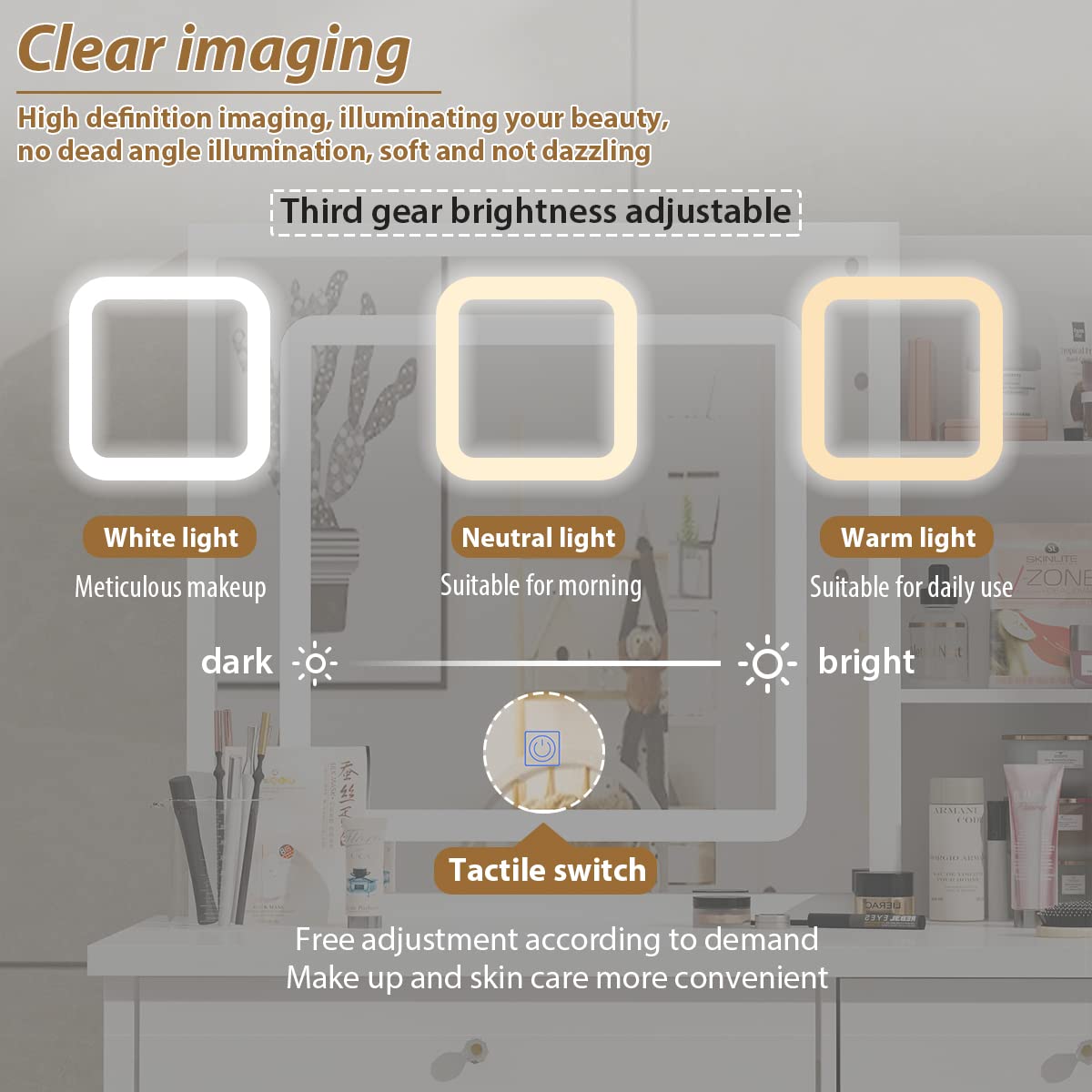 Large White Vanity Table Set with Lighted Mirror, 5 Drawers & Shelves - Makeup Dressing Desk with Cushioned Stool for Bedroom, Bathroom or Dorm Room Organization
