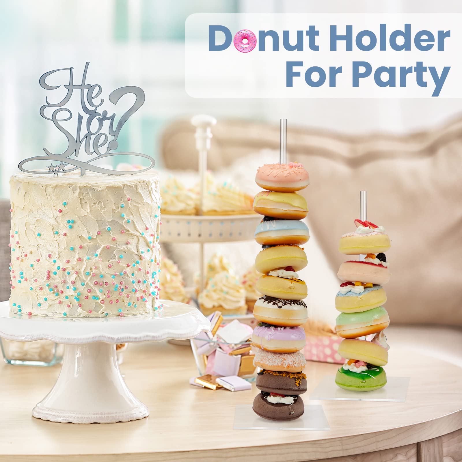 12 Pack Acrylic Donut Stands - 15.4 Inch & 10 Inch Clear Donut Display Holders with Removable Tower for Bagels, Cupcakes - Perfect for Birthday, Wedding, Baby Shower Party Decor & Bakery Display