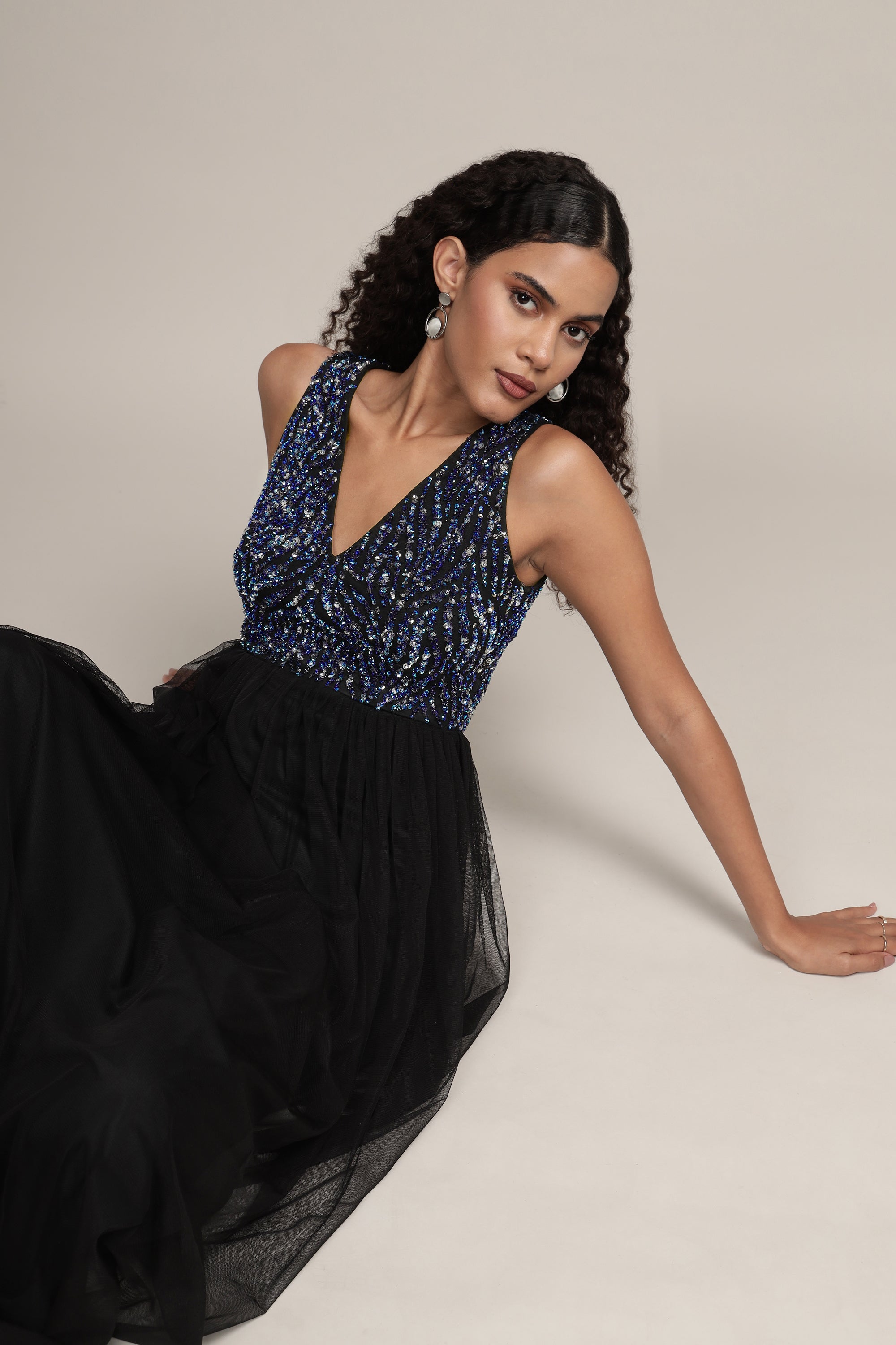 Ada Black Embellished Maxi Dress for Women - Elegant Evening Gown with Beaded Details, Formal Party Dress for Weddings, Prom, Cocktail Events & Special Occasions