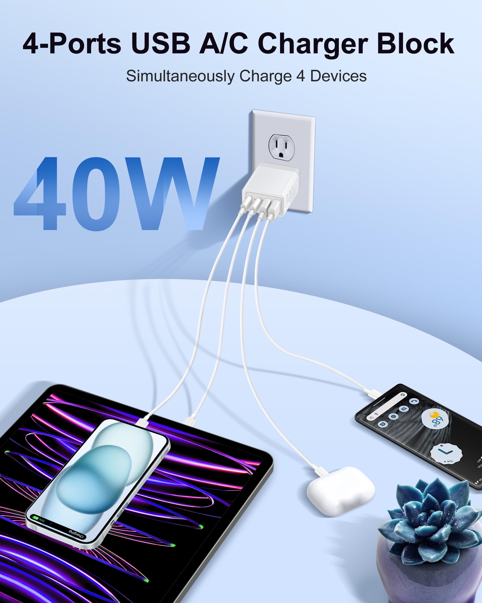 40W 4-Port USB C Wall Charger with PD Fast Charging - Dual USB-C & 2 USB Ports for iPhone 15/14/13/12/11 Pro Max, iPad, Google Pixel 9/8/7, Samsung Galaxy - Perfect for Home, Office & Travel Charging Multiple Devices Simultaneously