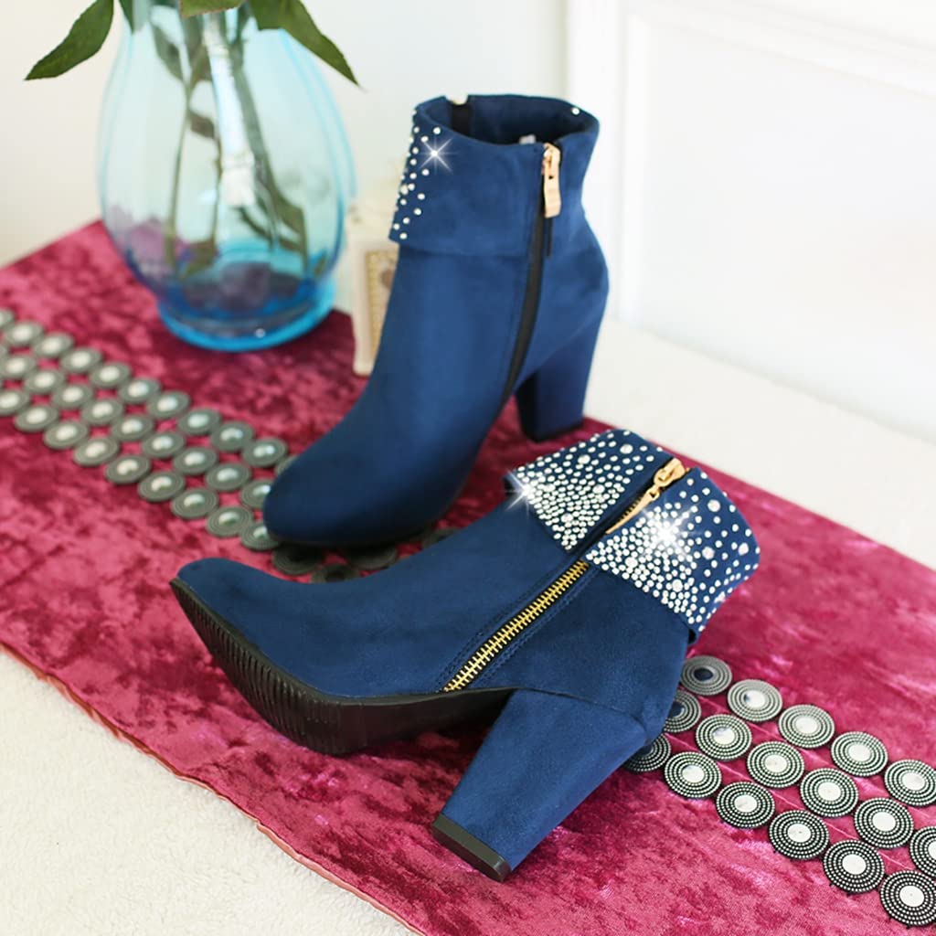 MIOKE Women's Chunky Block Heel Ankle Boots - Rhinestone Decor Suede Round Toe Zipper Booties for Party, Club & Evening Dress Outfits