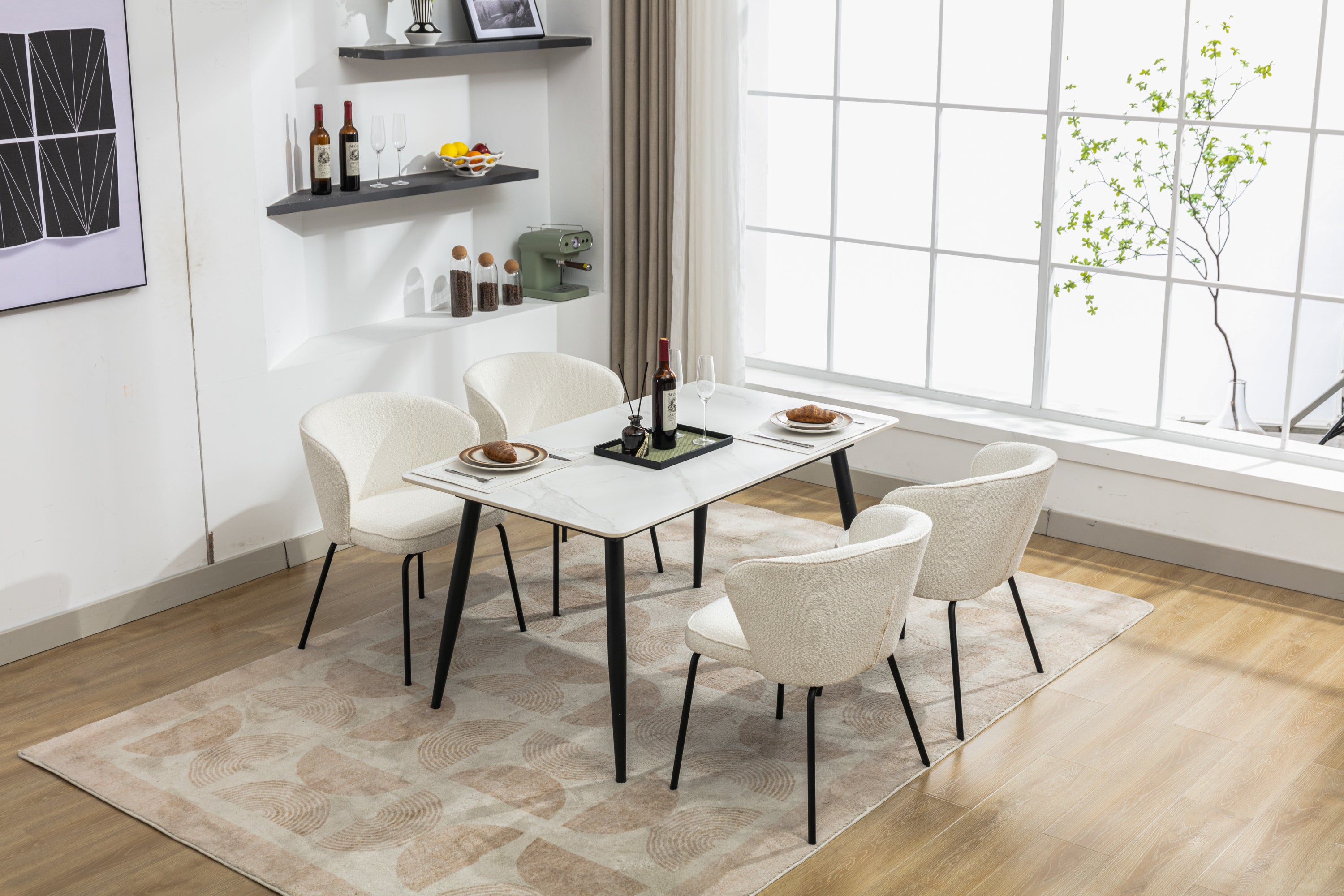 Boucle Fabric Dining Chairs Set of 2 with Black Metal Legs in Ivory - Modern Comfortable Kitchen & Dining Room Seating for Home & Office