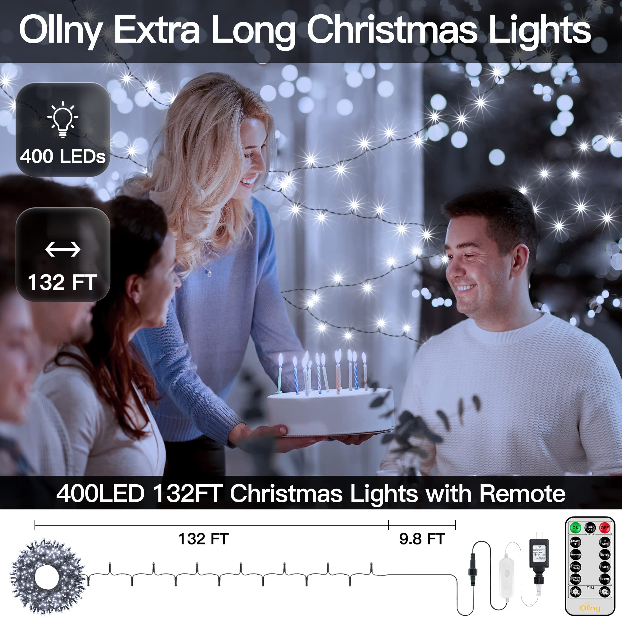 400LED 132FT Christmas Tree Lights with Remote & Timer - 8 Modes Waterproof Outdoor String Lights for Indoor/Outside Decor - Cool White | Perfect for Xmas, Thanksgiving, Holiday Parties & Home Decorations