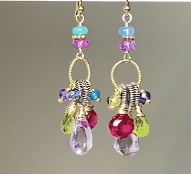 Handmade Multi Gemstone Dangle Earrings with Coiled Oxidized Silver Wire - Perfect for Weddings, Parties & Boho Fashion