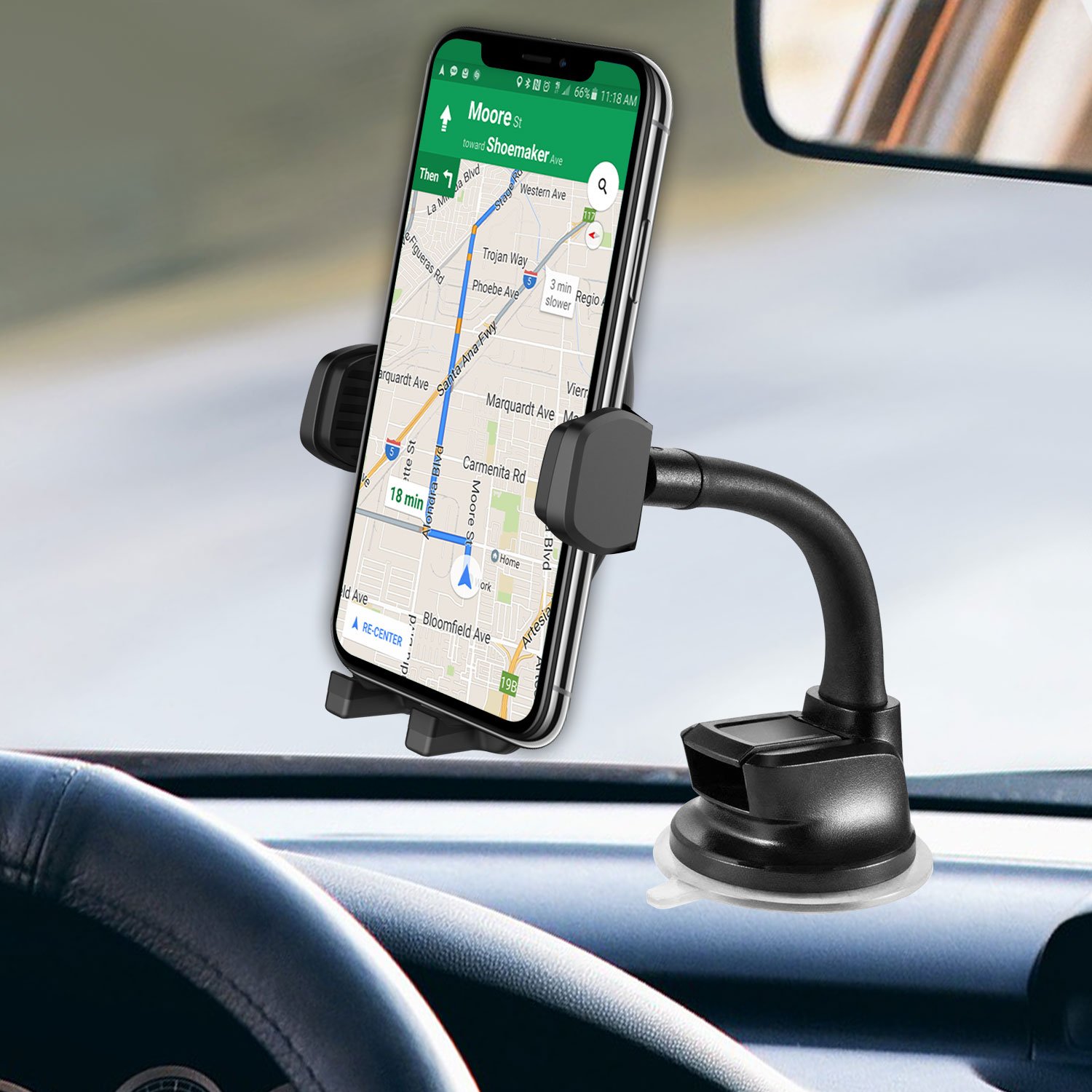 Cellet Universal Car Phone Holder Mount - Flexible Gooseneck & Strong Suction Cup for Windshield & Dashboard - Hands-Free GPS Navigation & Driving Safety - Perfect for Commuting, Road Trips & Rideshare Drivers