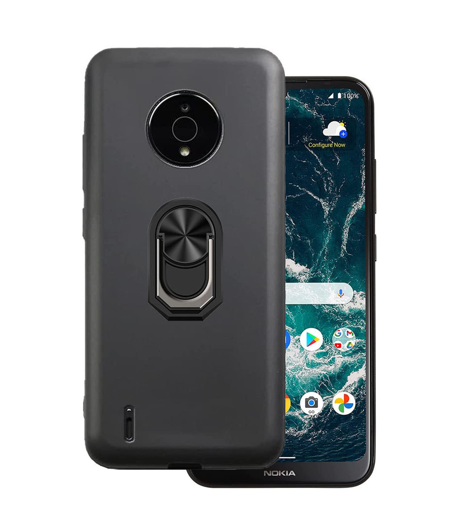 Shockproof Magnetic Phone Case for Nokia C200 - 360° Ring Kickstand, Soft TPU Rubber Cover with Car Mount | Slim Protective Case for Everyday Use, Work & Travel - Black