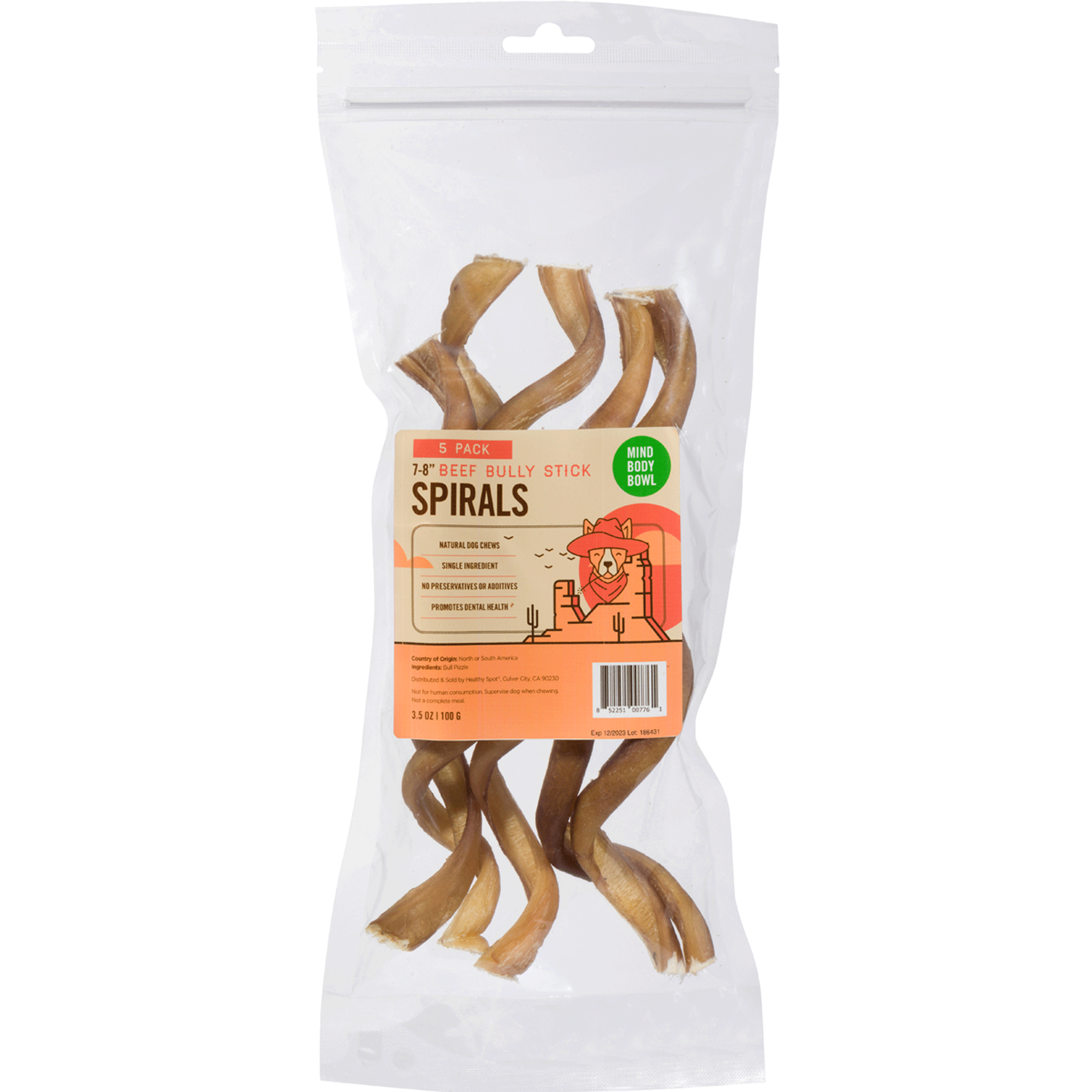 Premium Mind Body Bowl Spiral Bully Sticks - 5 Pack Natural Dog Chews for Dental Health & Anxiety Relief - Perfect for Training, Teething Puppies, and Long-Lasting Entertainment