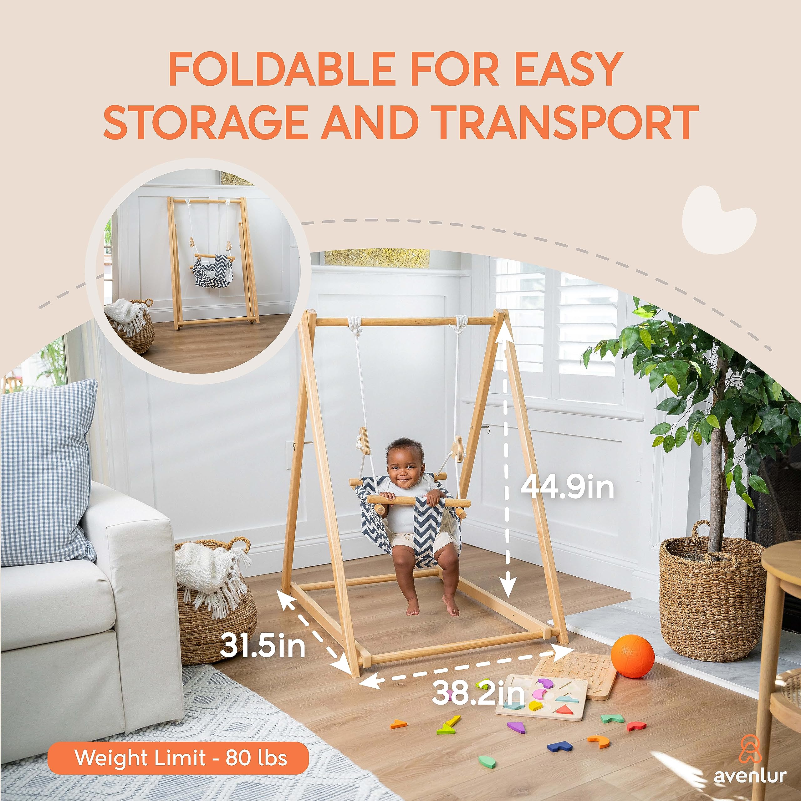 Avenlur Spruce Baby Swing with Stand - Foldable Toddler Swing with Safety Belt & Soft Pillow - Indoor/Outdoor Free Standing Swing for Kids 6 Months to 3 Years - Montessori Waldorf Style Swing for Playroom, Backyard & Nursery