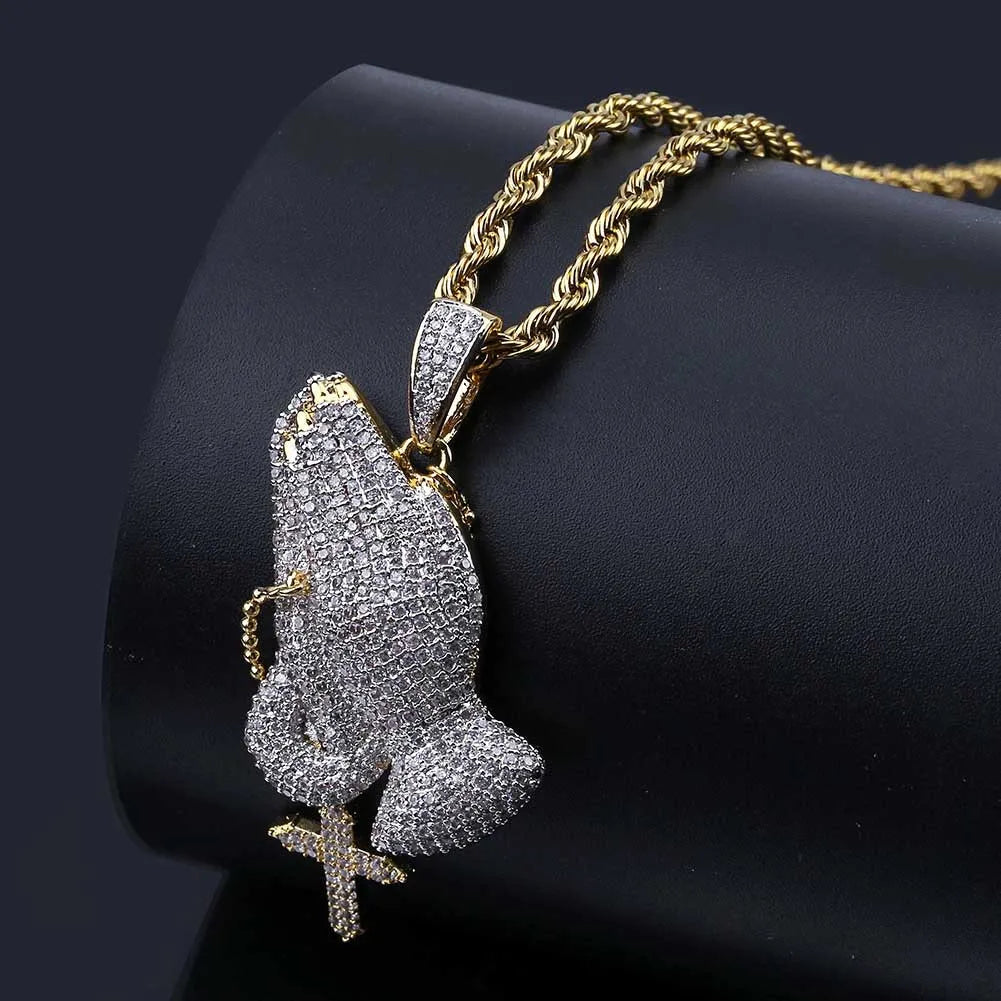 Iced Out CZ Praying Hands Cross Pendant Necklace - Elegant Religious Jewelry for Women - Perfect for Church, Weddings & Special Occasions