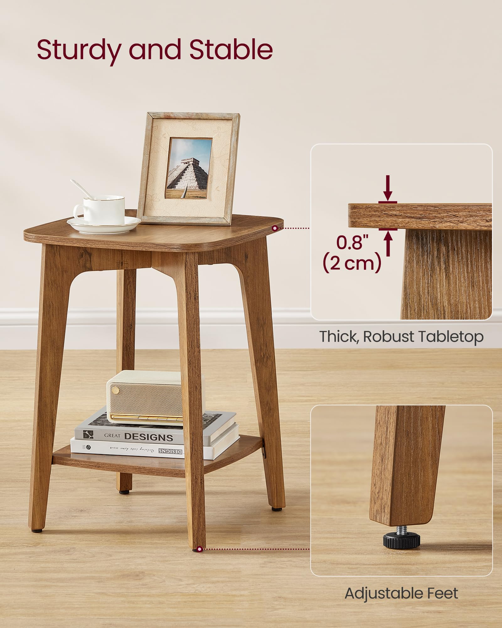 VASAGLE Small Square Side Table with Lower Shelf - Compact Nightstand for Bedroom, Living Room, Office - Honey Brown End Table ULET236K01 | Perfect for Small Spaces, Apartment Decor & Coffee Table Alternative