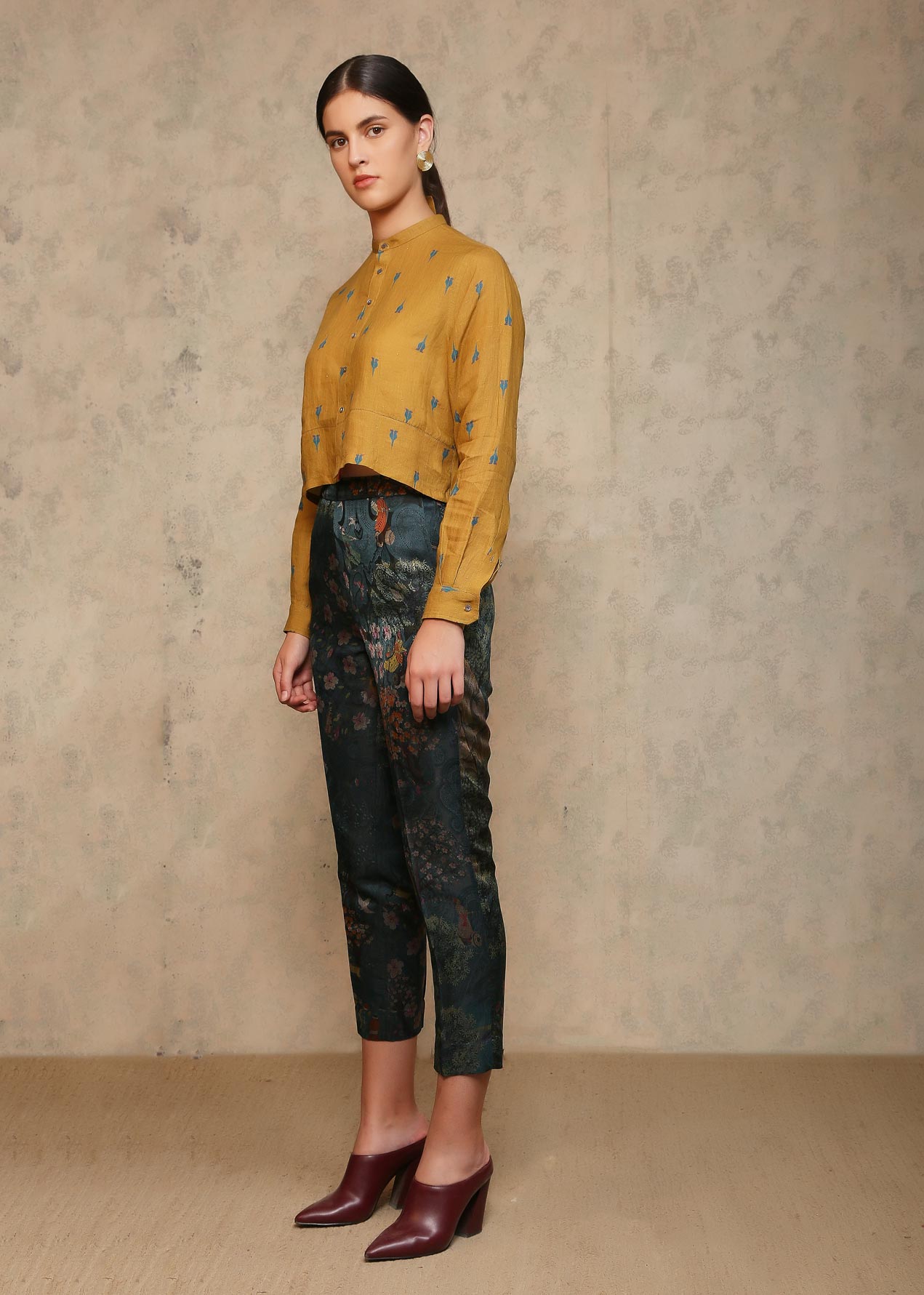 Mustard Linen Cropped Shirt for Women - Summer Boho Tops for Casual Outings & Beach Vacations