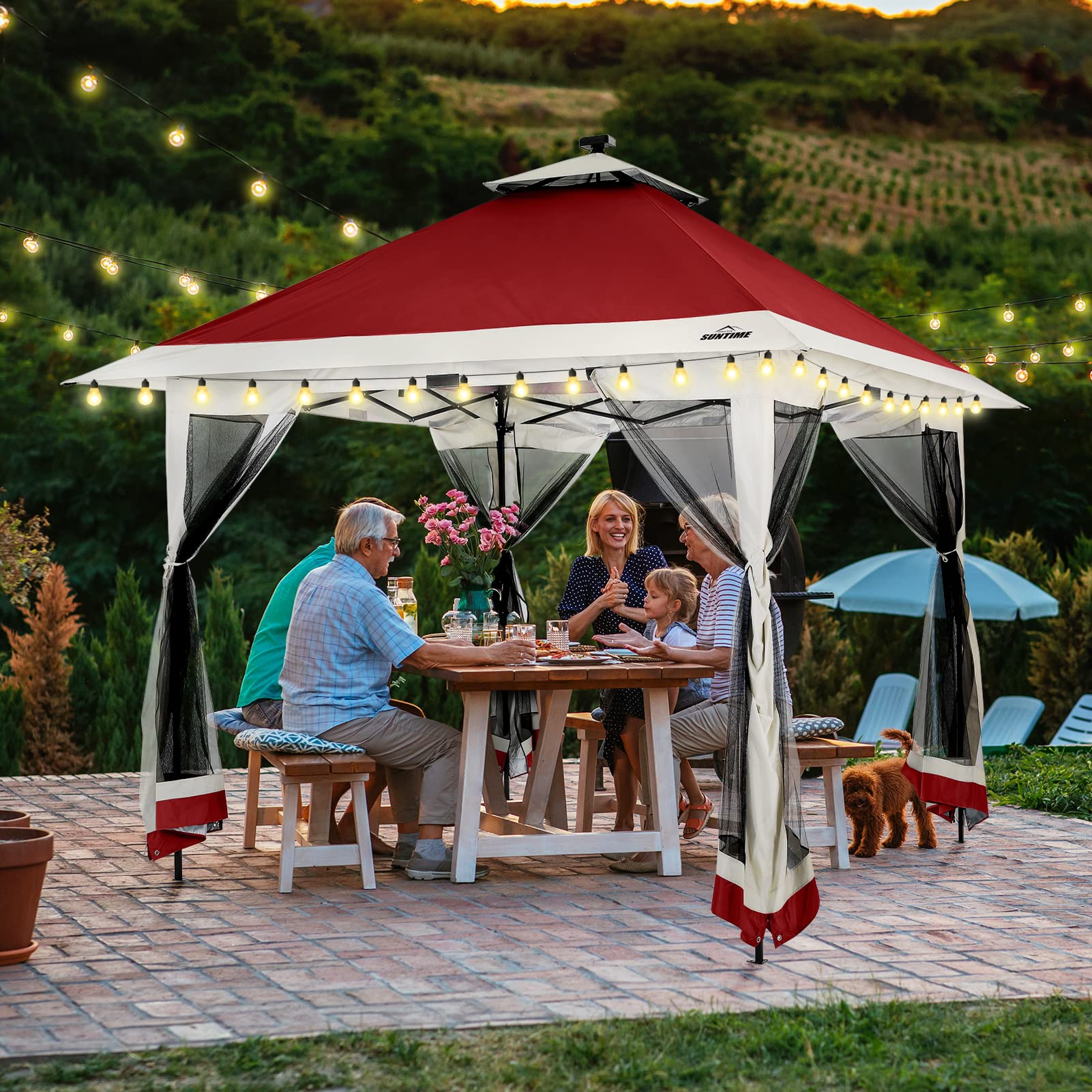 12x12 Instant Pop Up Gazebo with Solar LED Lights & 4 Zippered Screens - Waterproof Polyester Canopy & Powder Coated Steel Frame for Patio, Backyard, Camping, and Outdoor Events (Red)