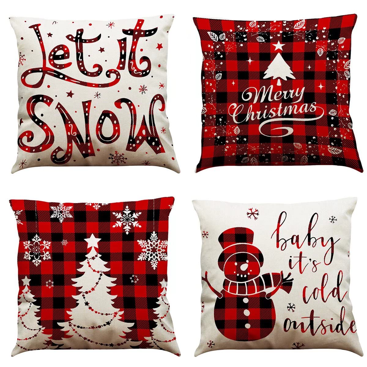 4 Pack Buffalo Check Plaid Pillow Covers 18x18 Inches - Rustic Farmhouse Christmas Decor for Sofa, Bedroom, Living Room - Cozy Holiday Home Accent Throw Pillow Cases