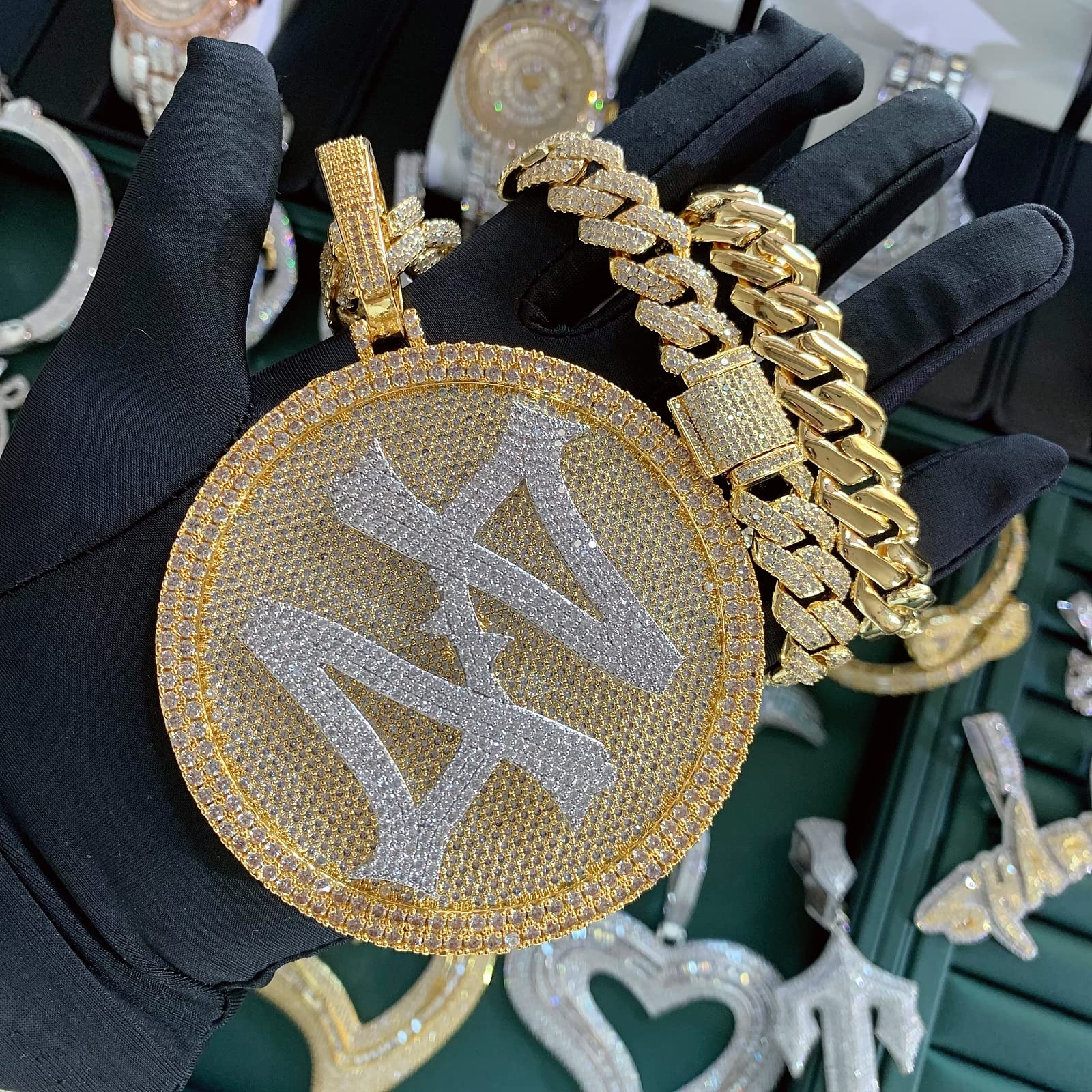 14K Gold Plated Hip Hop Jumbo 44 Rotating Medal Pendant with 14mm Cuban Link Chain - Iced Out Super Sparkling CZ Diamond Necklace for Men | Perfect for Streetwear, Parties & Gift Giving