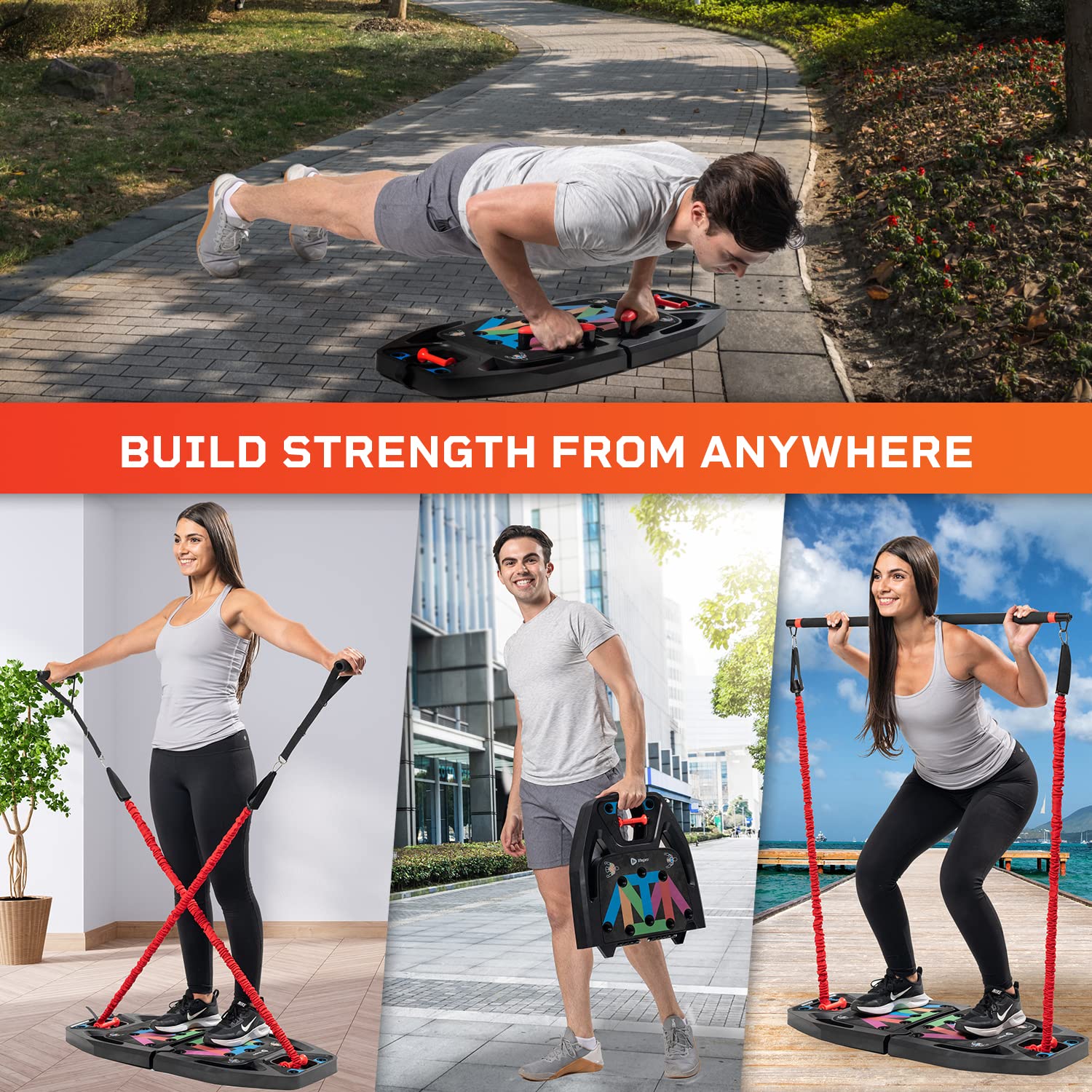 Portable Home Gym System with Push Up Board & 4 Resistance Bands - Full Body Workout Equipment for Men & Women - Perfect for Home Fitness, Travel & Small Space Training