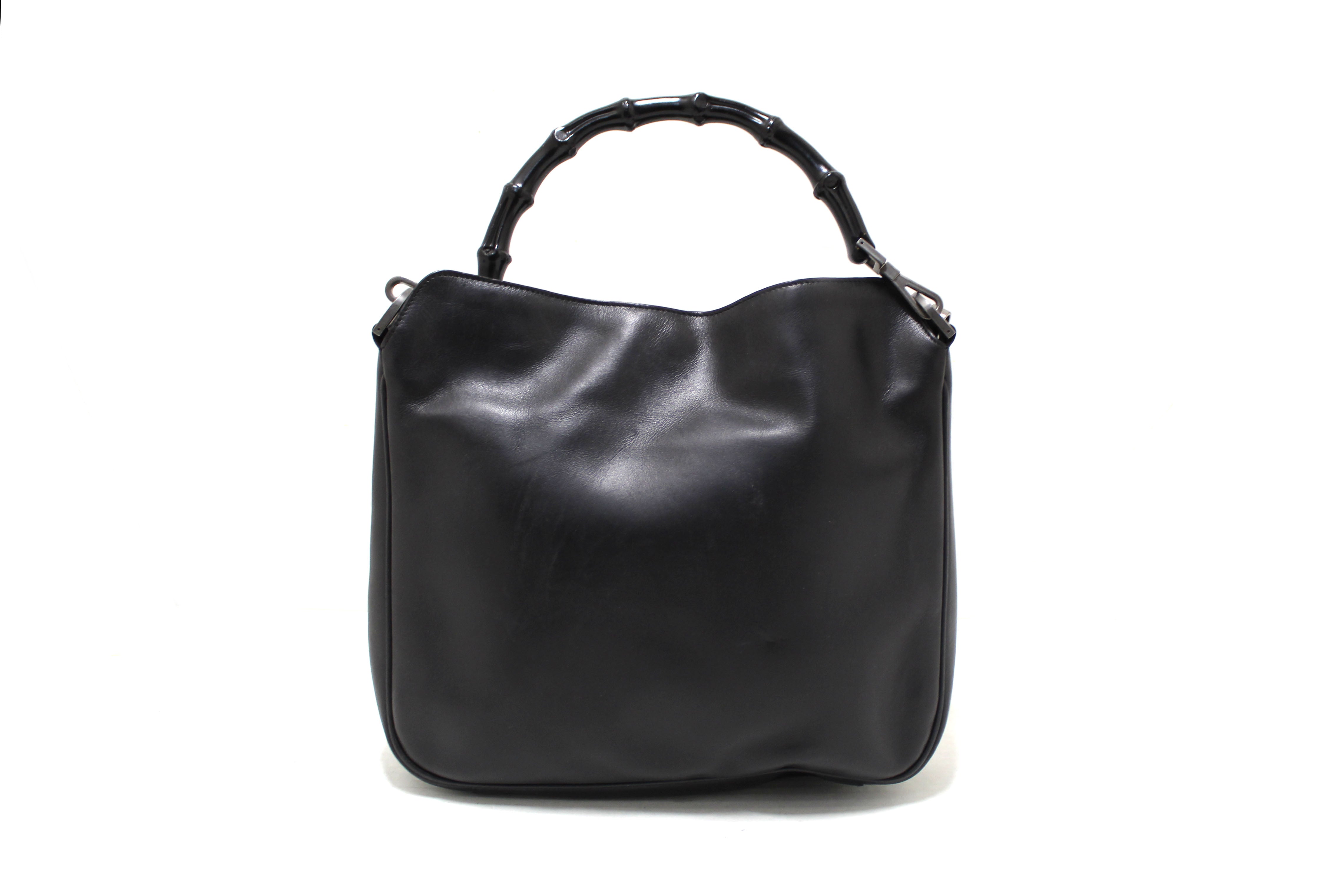 Authentic Gucci Black Leather Shoulder Bag with Gunmetal Hardware & Bamboo Handle - Medium Size for Women | Perfect for Work, Travel & Evening Events
