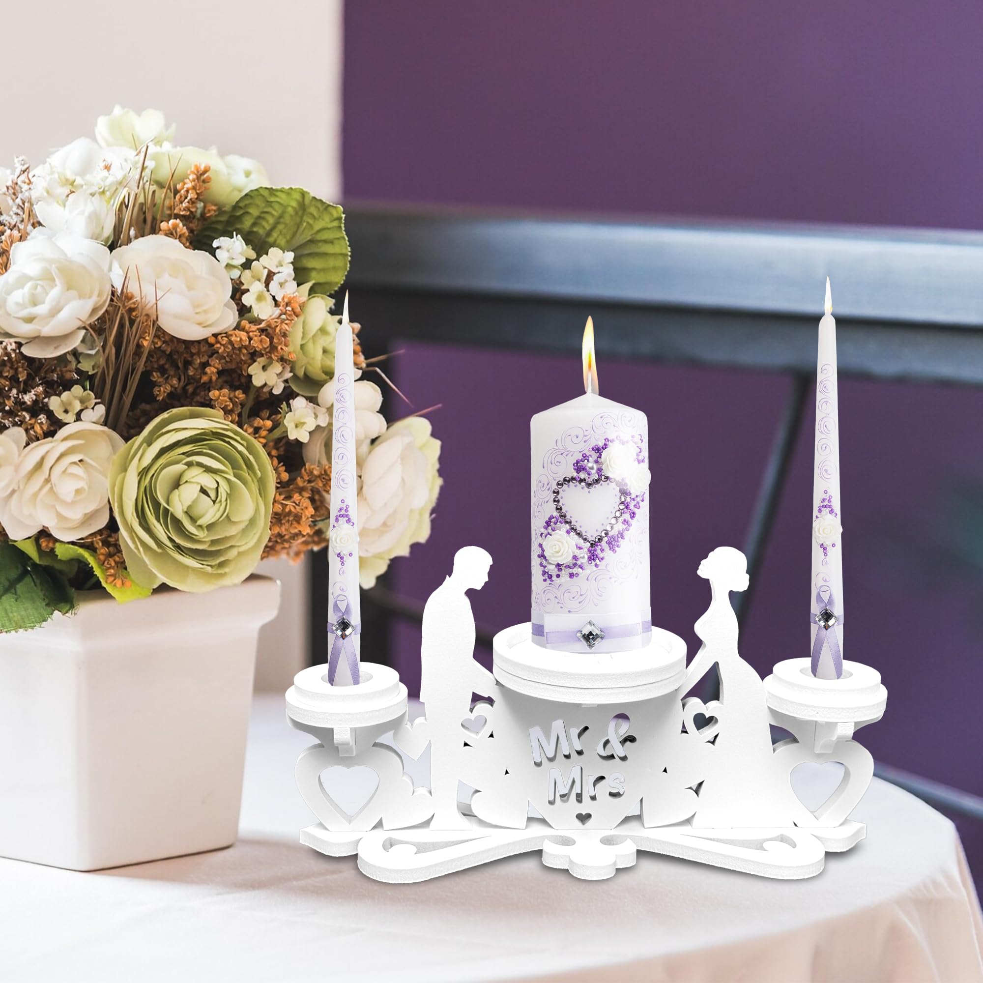 Unity Candle Holder Set of 3 - Elegant Wedding Ceremony Candle Stand for Table Centerpiece Decor - White Pillar & Taper Candlestick Holder - Perfect for Wedding Unity Ceremony, Vow Renewal, and Romantic Dinner Decorations
