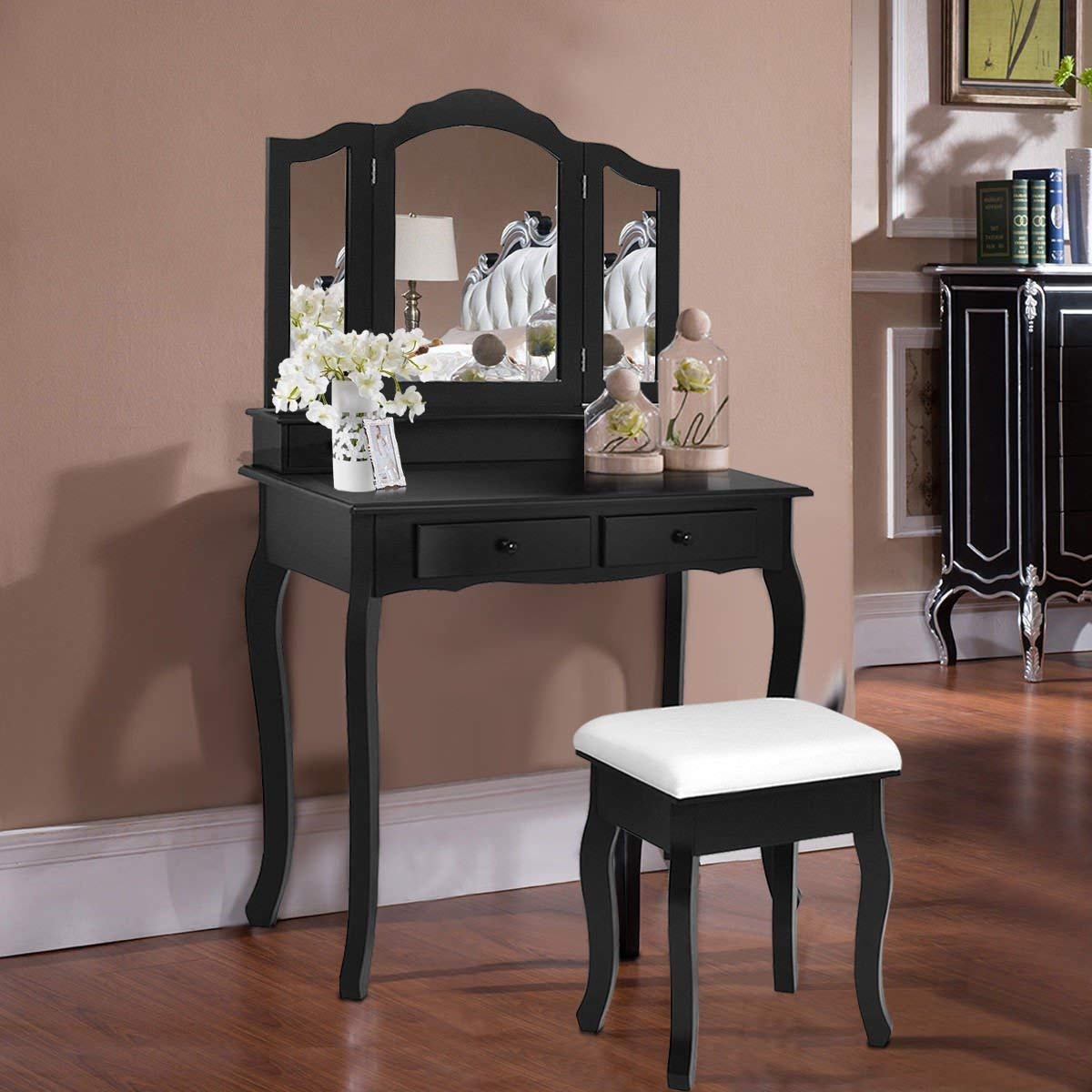 Casart Black Bathroom Vanity Set with Tri-Folding Mirror & Bench - 4 Drawer Dressing Table Makeup Vanity for Home (Perfect for Small Spaces & Bedroom Organization)
